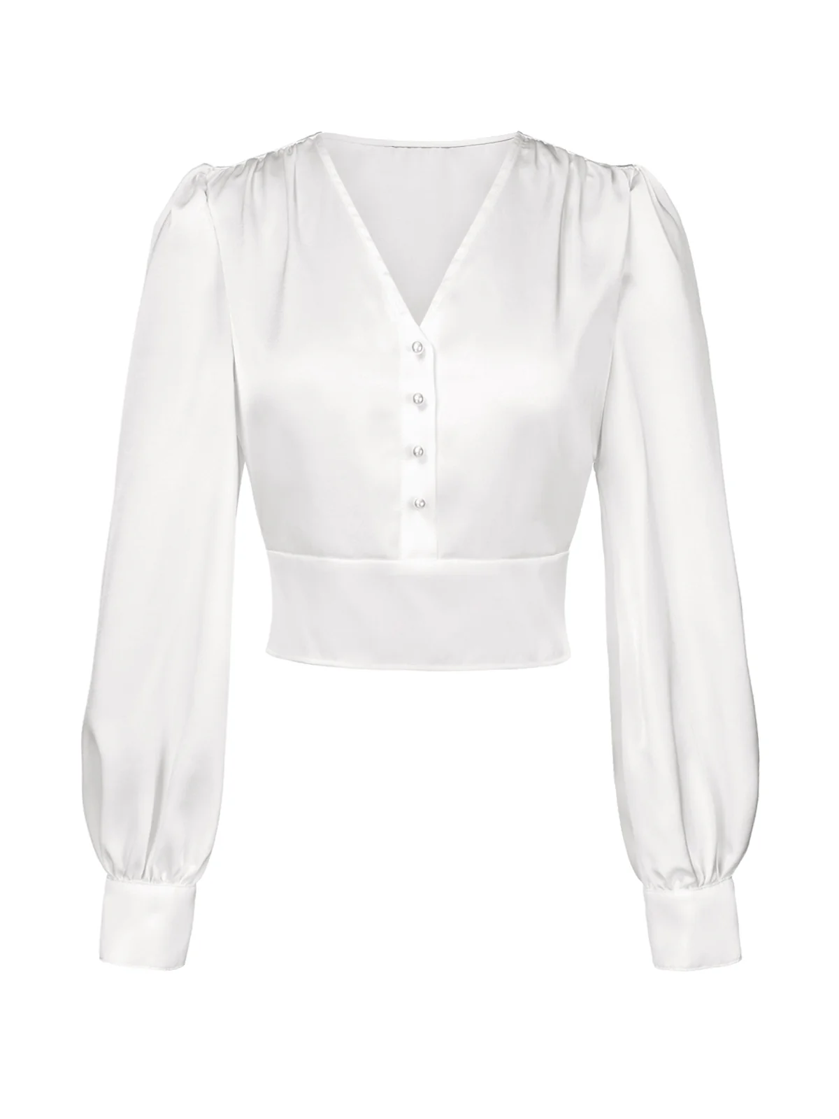 White 1940s Satin V-Neck Lantern Sleeves Blouse - Image 2
