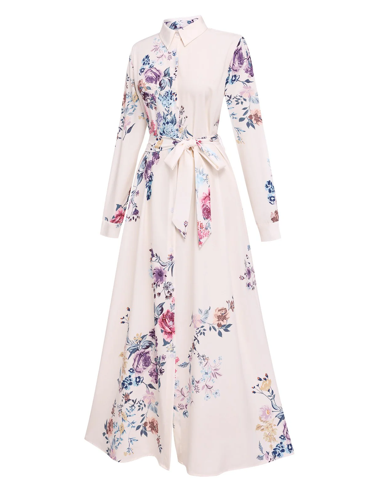 White 1940s Shirt Collar Floral Belted Dress - Image 2