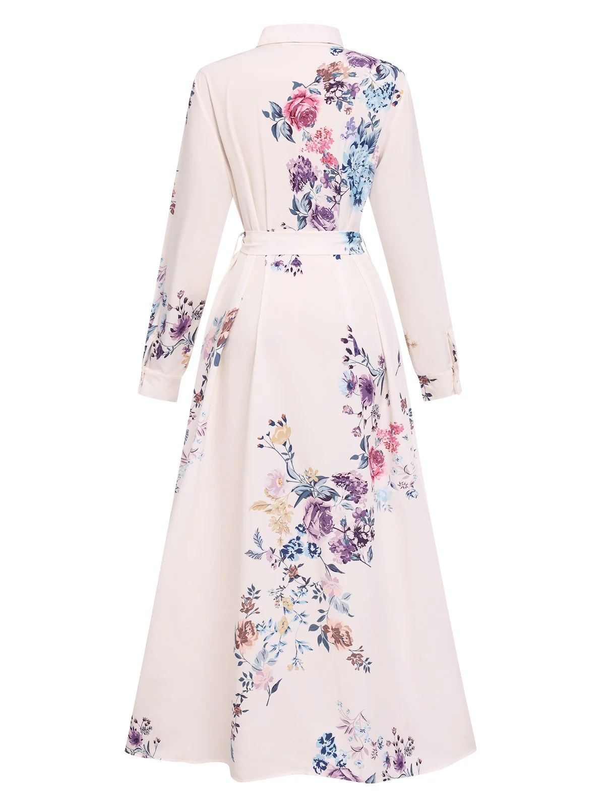 White 1940s Shirt Collar Floral Belted Dress - Image 3