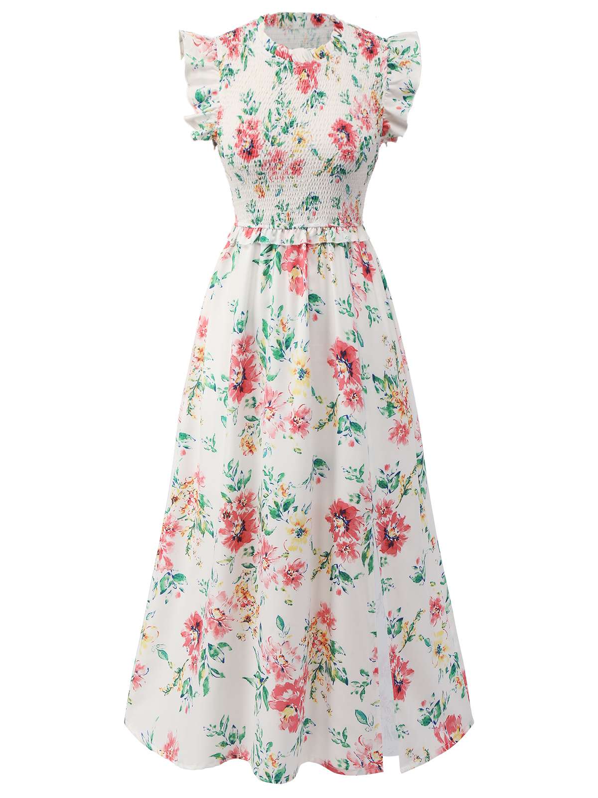 White 1940s Sleeveless Floral Ruffles Dress - Image 2