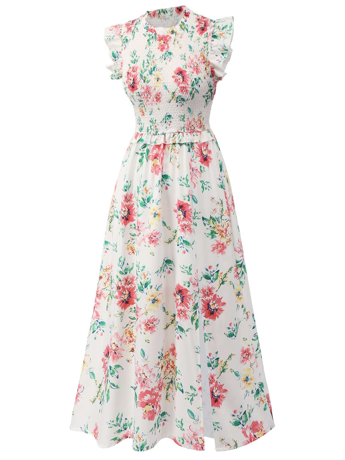White 1940s Sleeveless Floral Ruffles Dress - Image 3