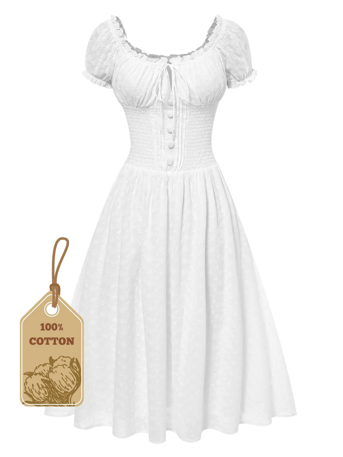 White 1940s Solid Cotton Embroidered Lace Dress - Image 4