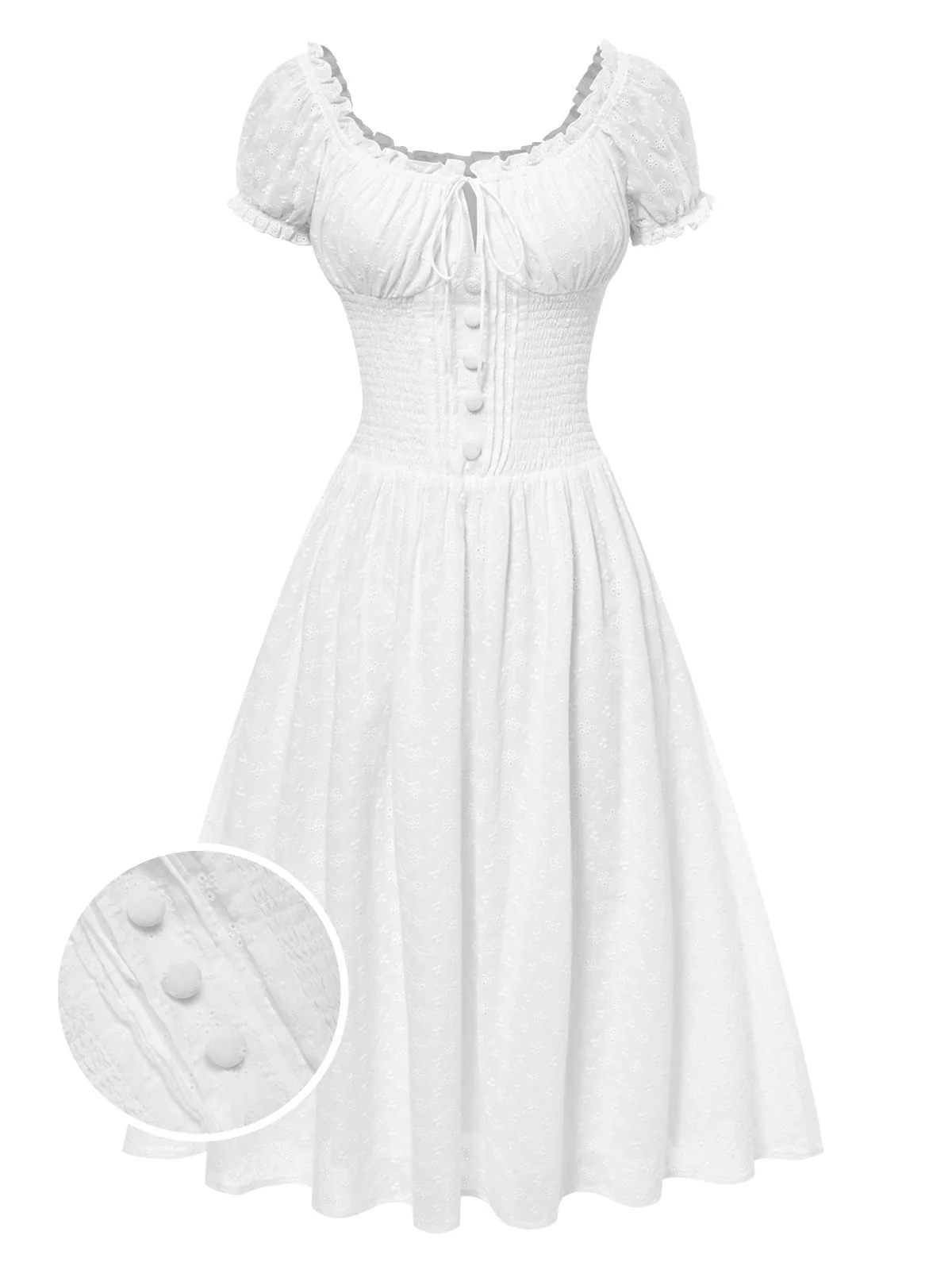 White 1940s Solid Cotton Embroidered Lace Dress - Image 5