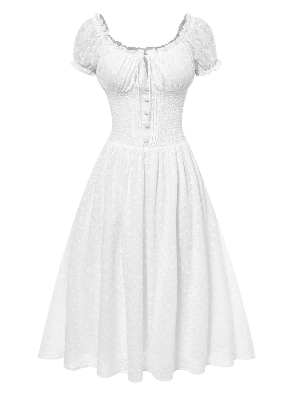 White 1940s Solid Cotton Embroidered Lace Dress - Image 6
