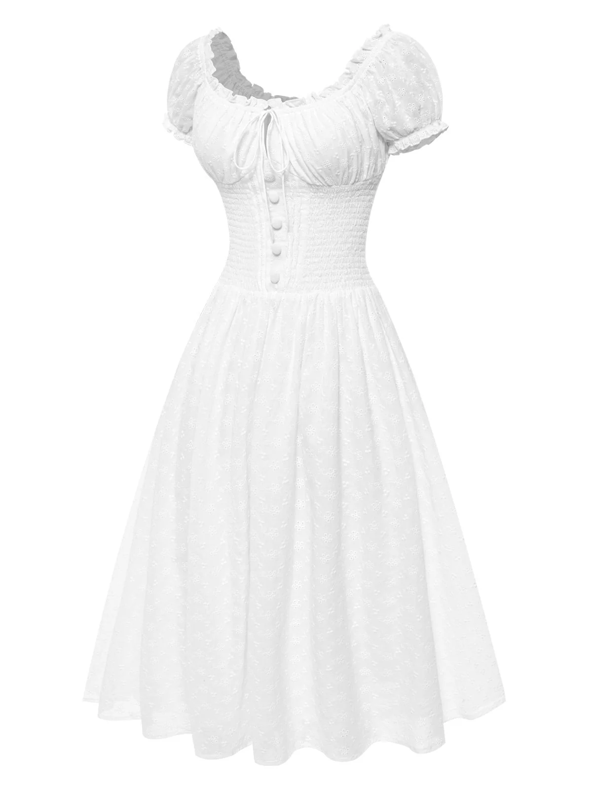 White 1940s Solid Cotton Embroidered Lace Dress - Image 7