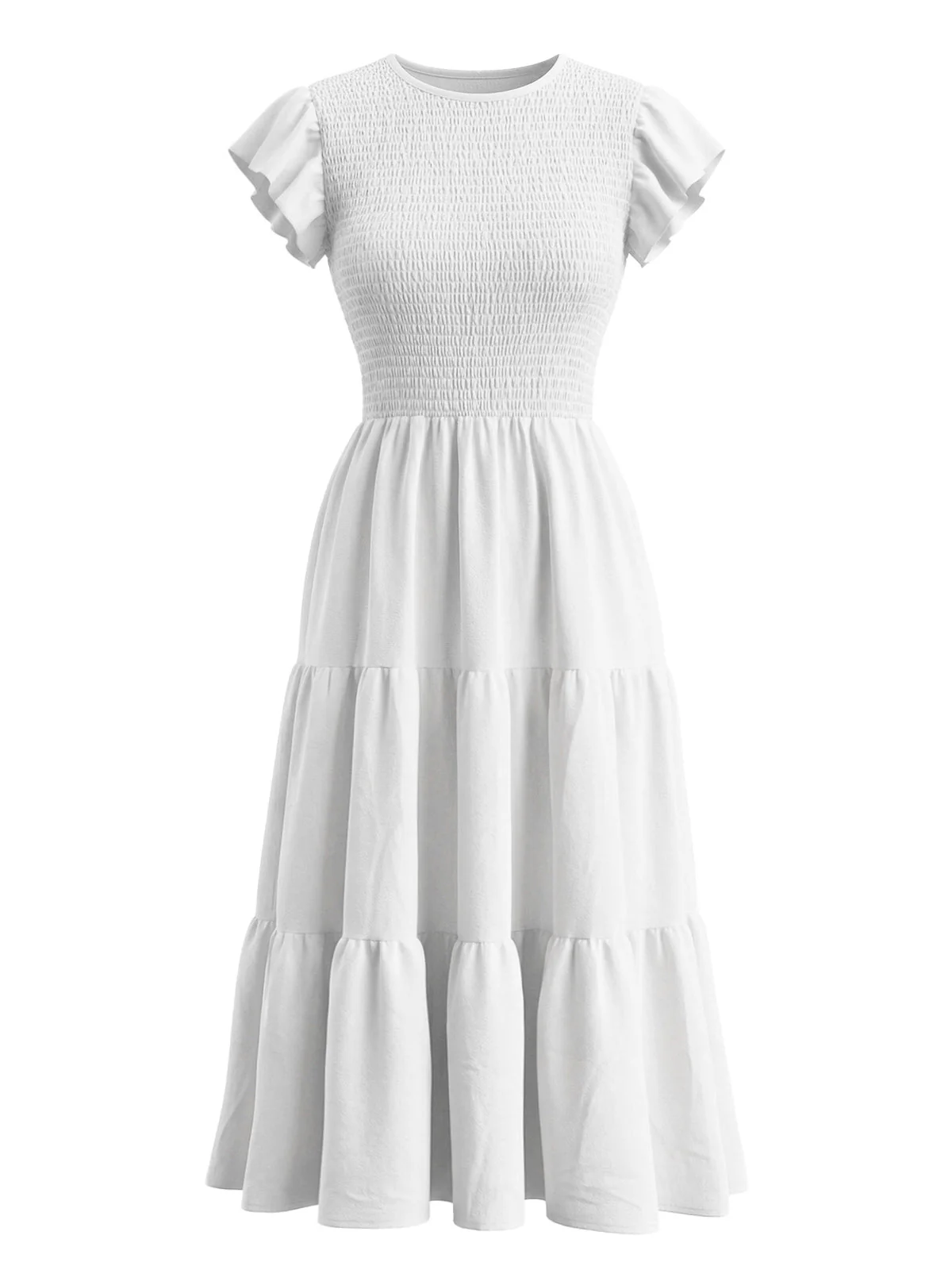 White 1940s Solid Flutter Sleeve Tiered Smocked Dress - Image 2