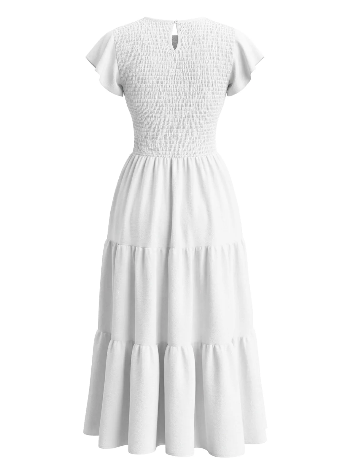 White 1940s Solid Flutter Sleeve Tiered Smocked Dress - Image 3