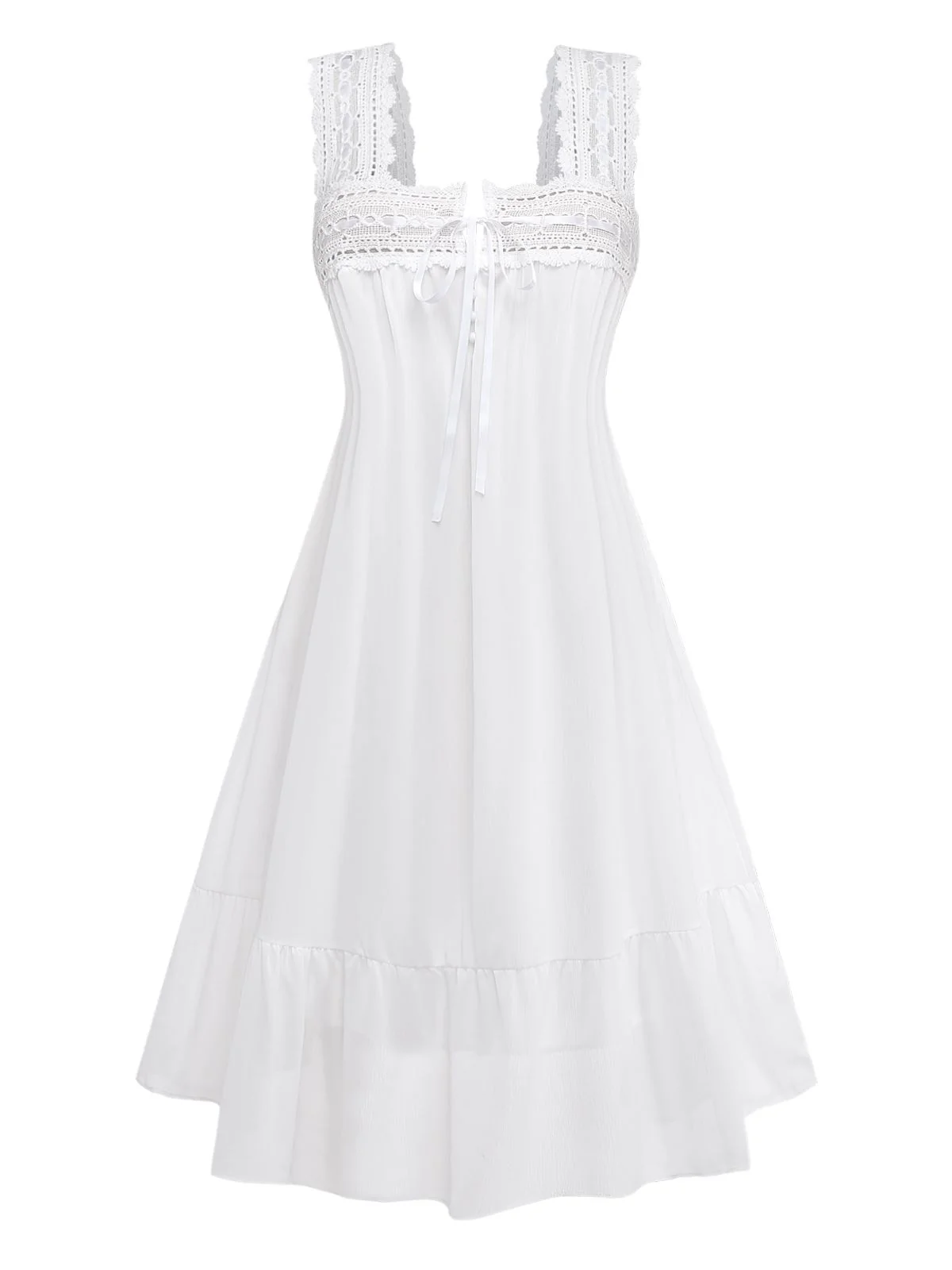 White 1940s Solid Lace Patchwork Tie Front Dress - Image 2