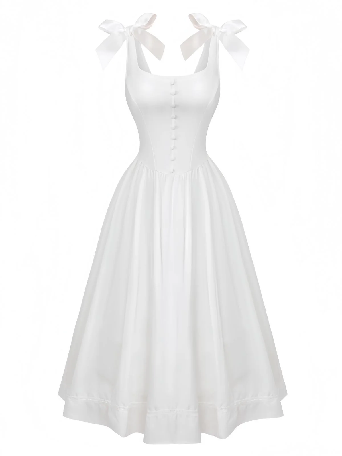 White 1940s Solid Lace-Up Button Dress - Image 2
