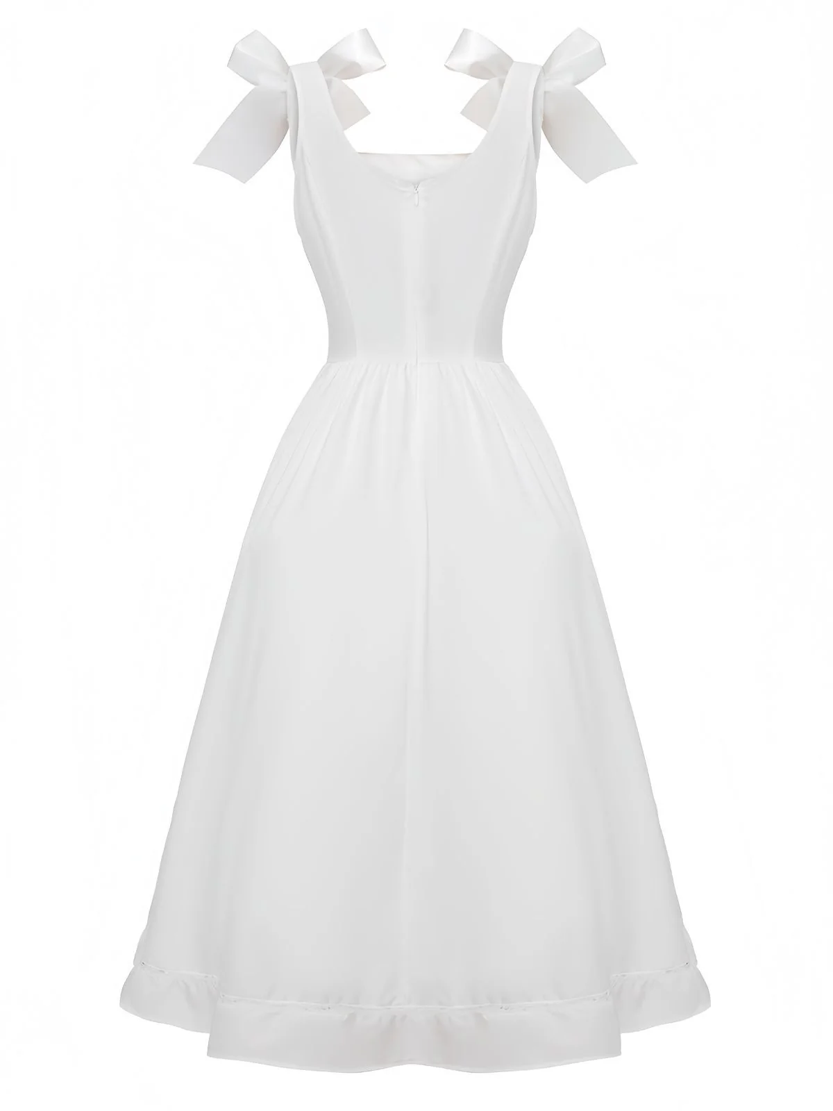 White 1940s Solid Lace-Up Button Dress - Image 3