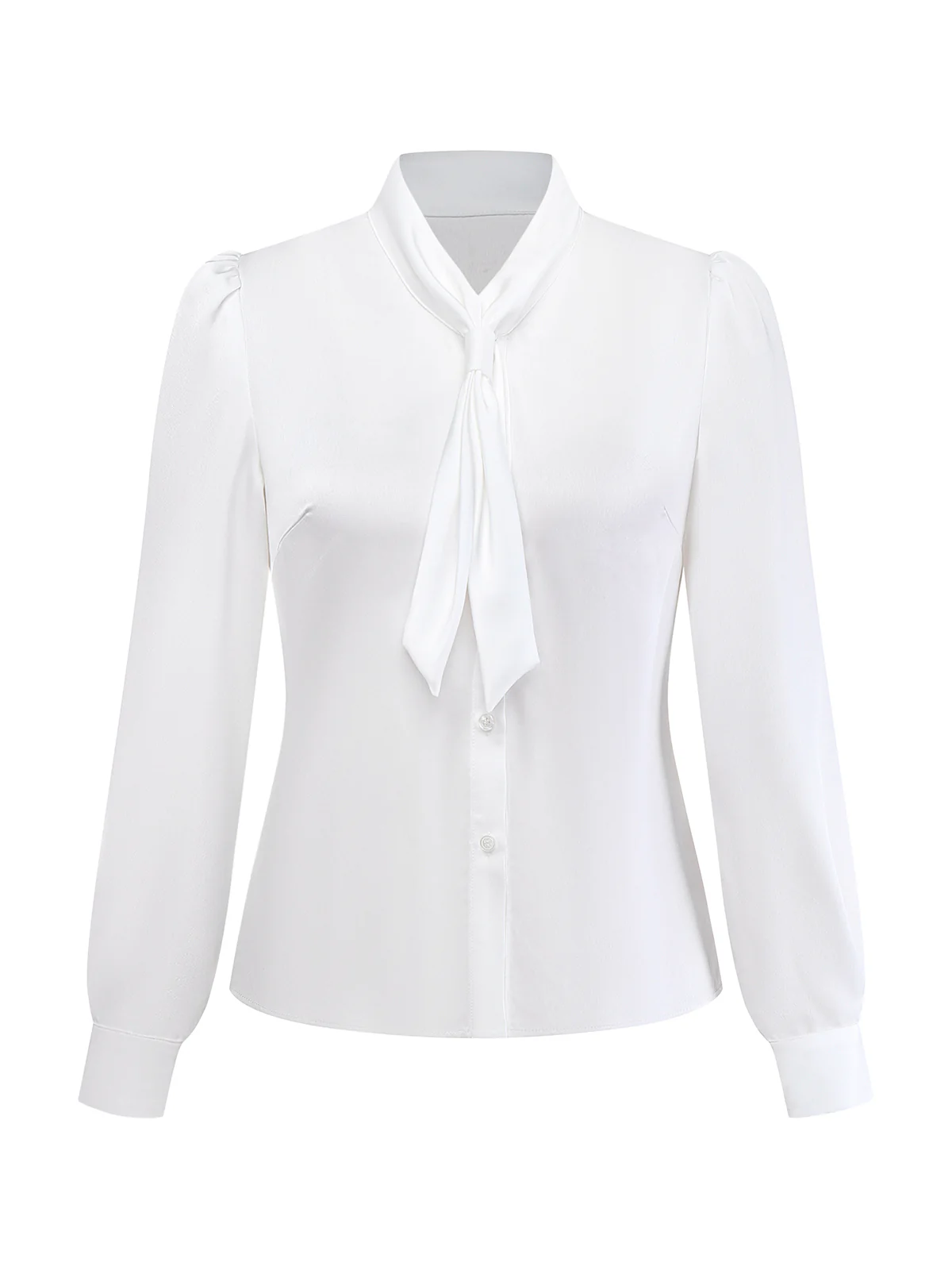 White 1940s Solid Tie Neck Satin Blouse - Image 2
