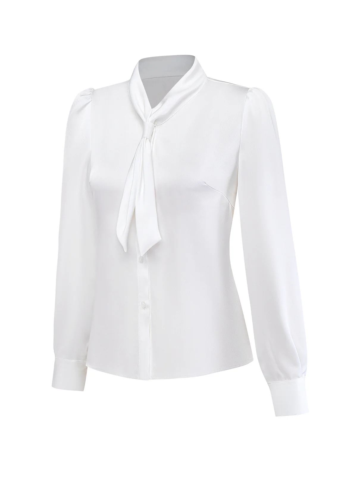 White 1940s Solid Tie Neck Satin Blouse - Image 3