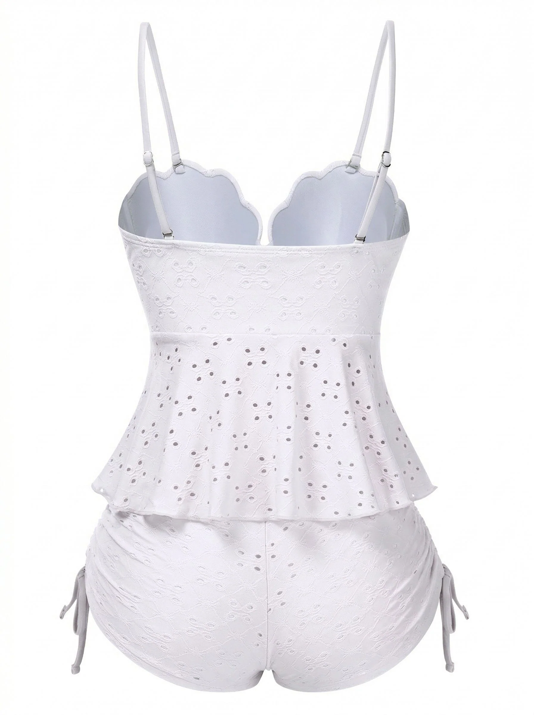 White 1940s Spaghetti Strap Eyelet Shell Tankini Set - Image 2
