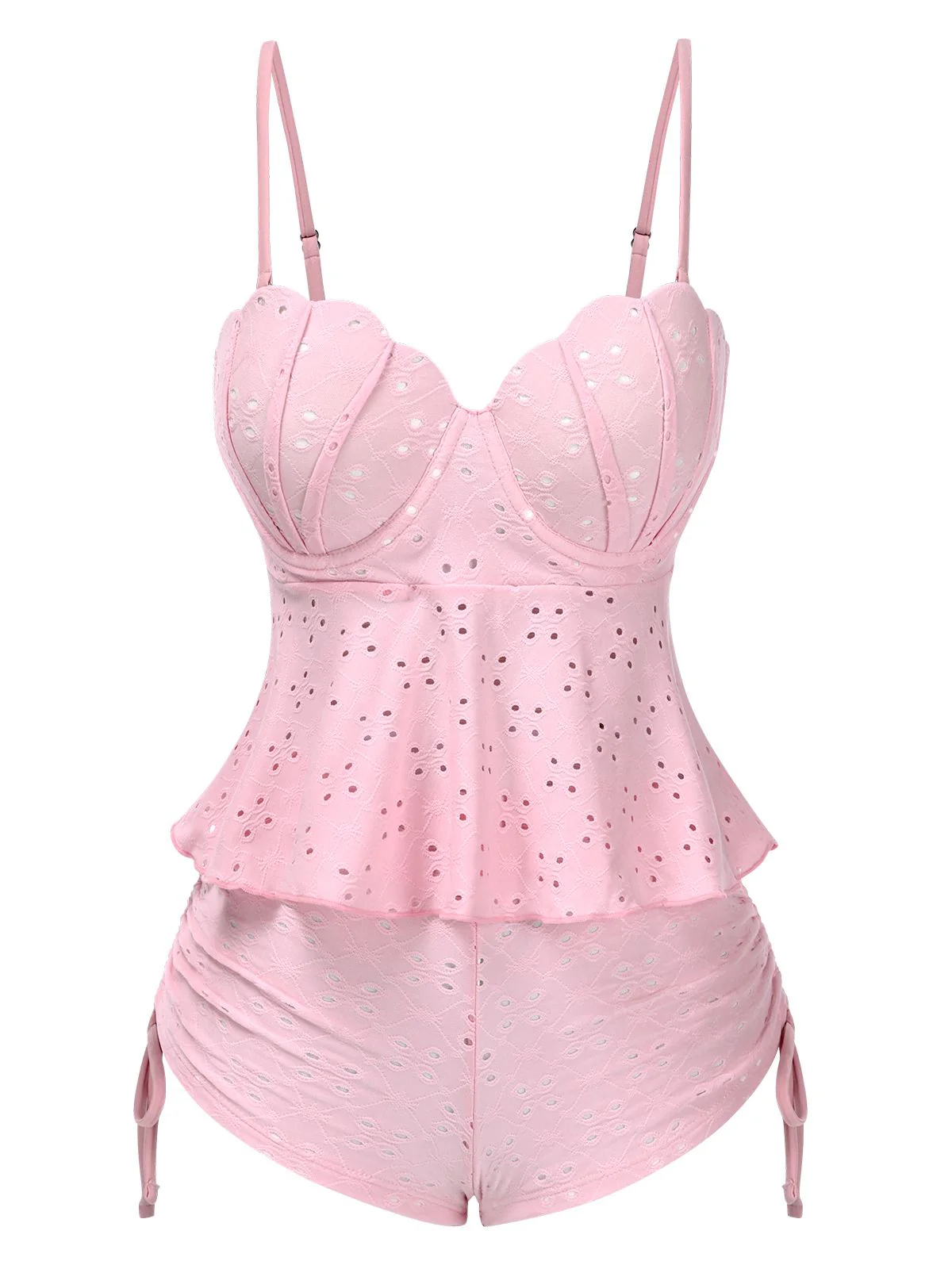 White 1940s Spaghetti Strap Eyelet Shell Tankini Set - Image 3