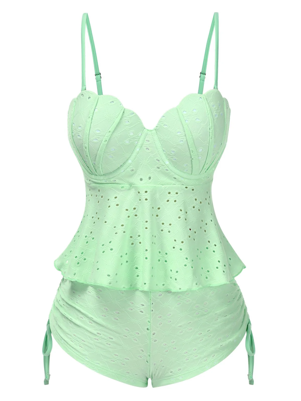 White 1940s Spaghetti Strap Eyelet Shell Tankini Set - Image 5