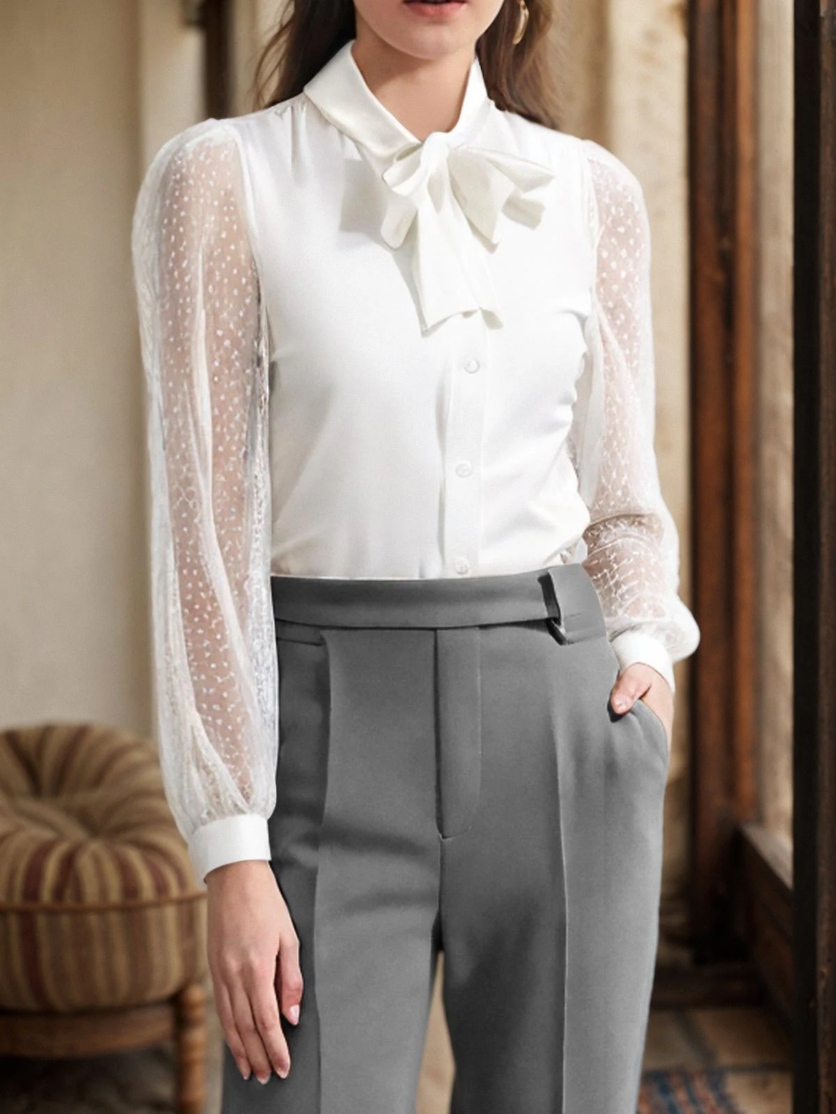 White 1940s Tie Neck Mesh Swiss Dots Blouse - Image 2