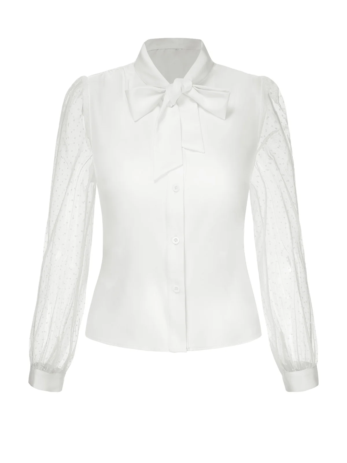 White 1940s Tie Neck Mesh Swiss Dots Blouse - Image 3