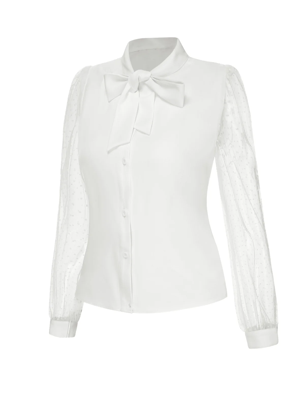 White 1940s Tie Neck Mesh Swiss Dots Blouse - Image 4