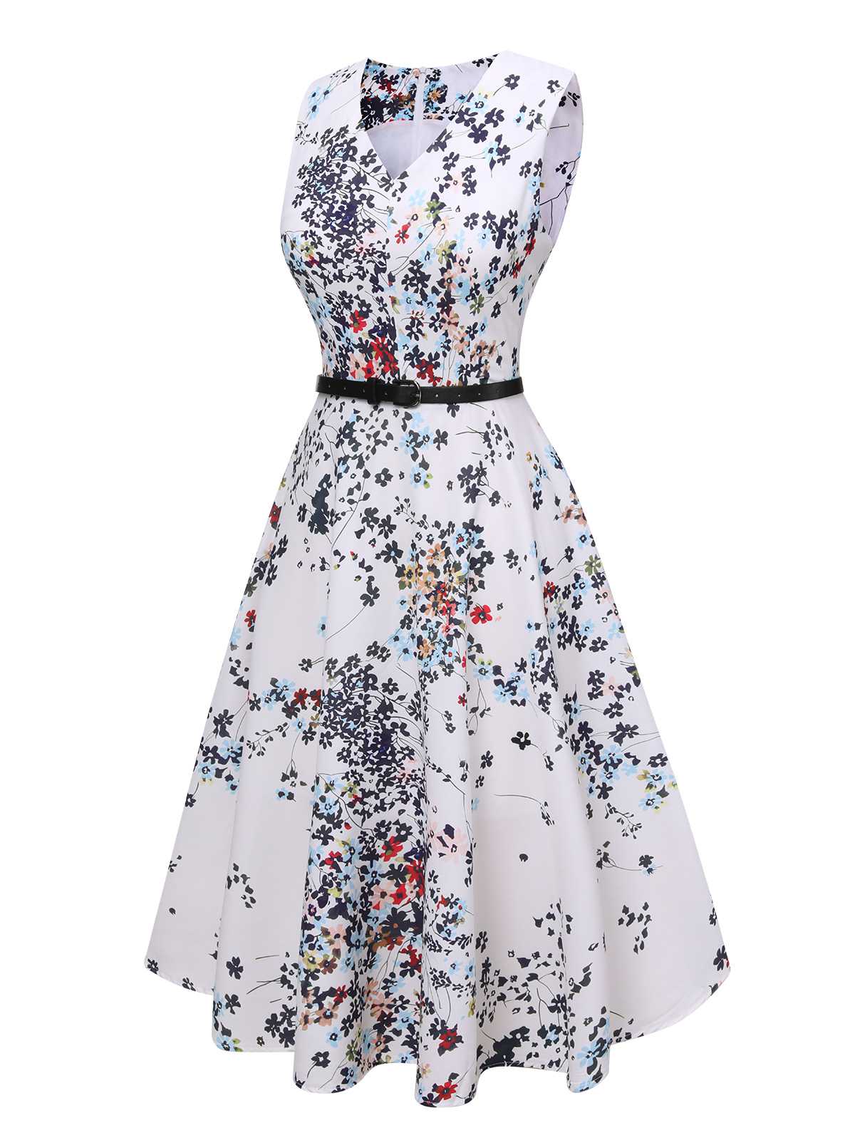 White 1940s V-Neck Floral Belted Sleeveless Dress - Image 2