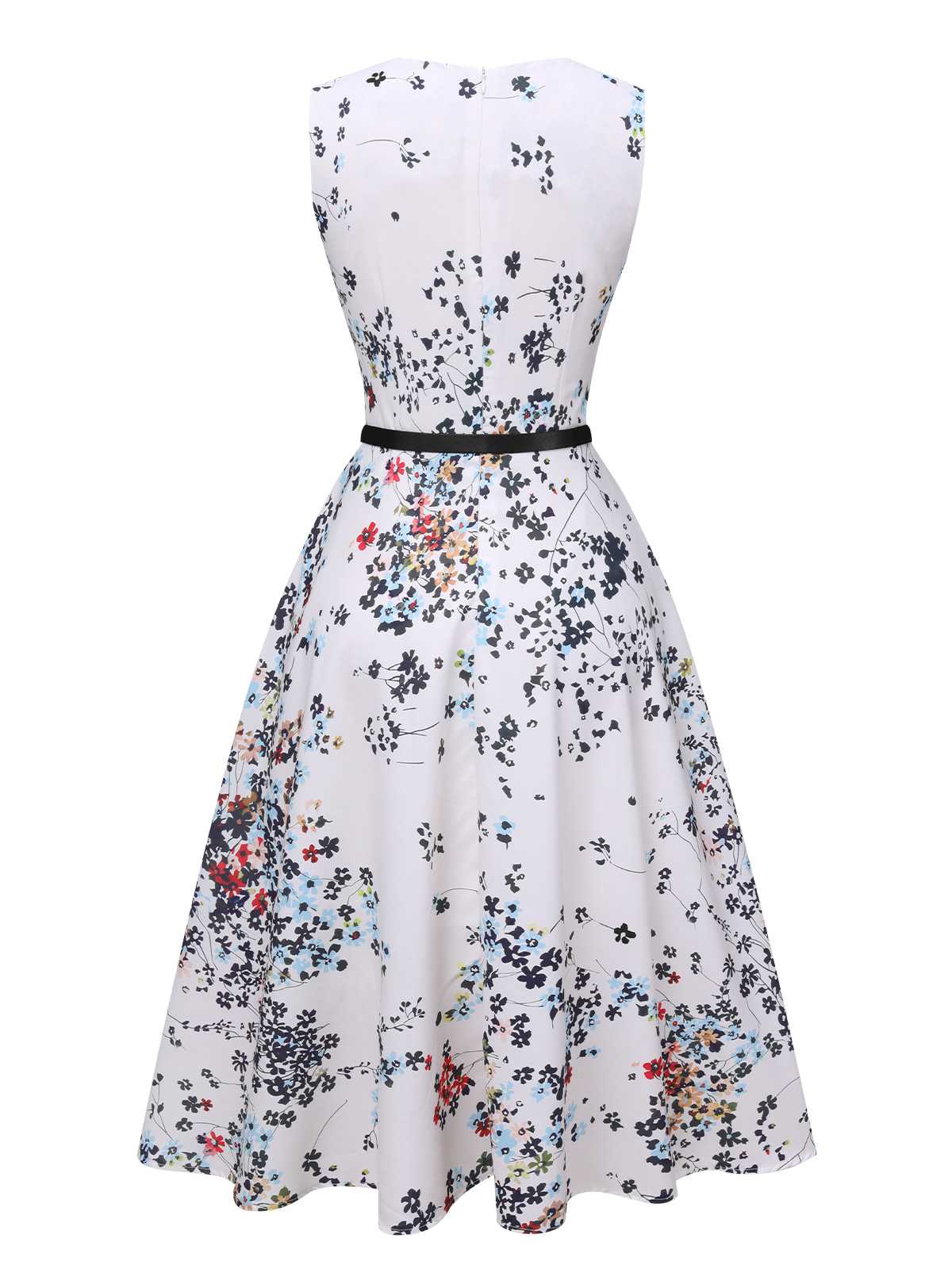 White 1940s V-Neck Floral Belted Sleeveless Dress - Image 3