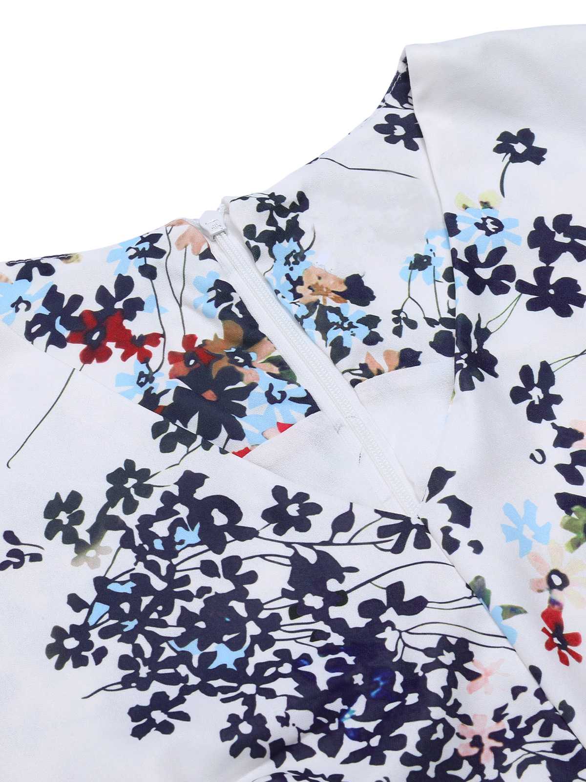White 1940s V-Neck Floral Belted Sleeveless Dress - Image 4