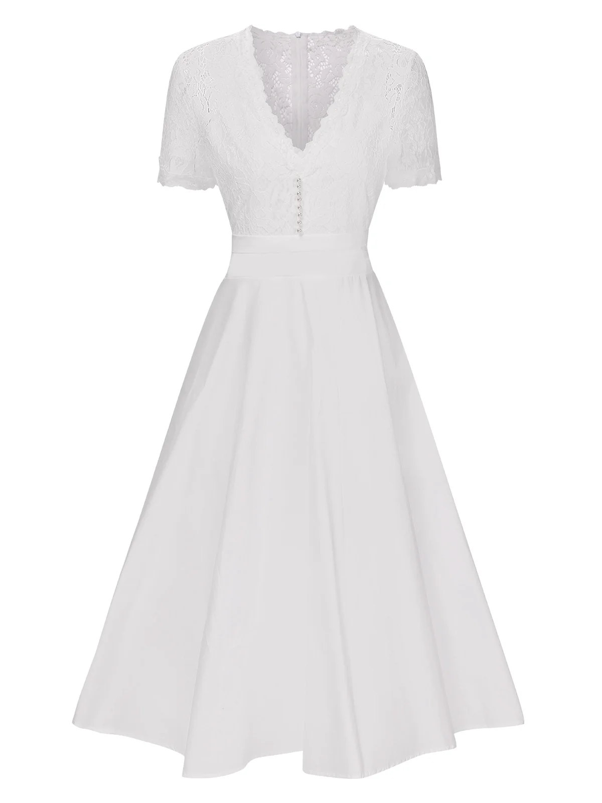White 1940s V-Neck Lace Patchwork Dress - Image 2