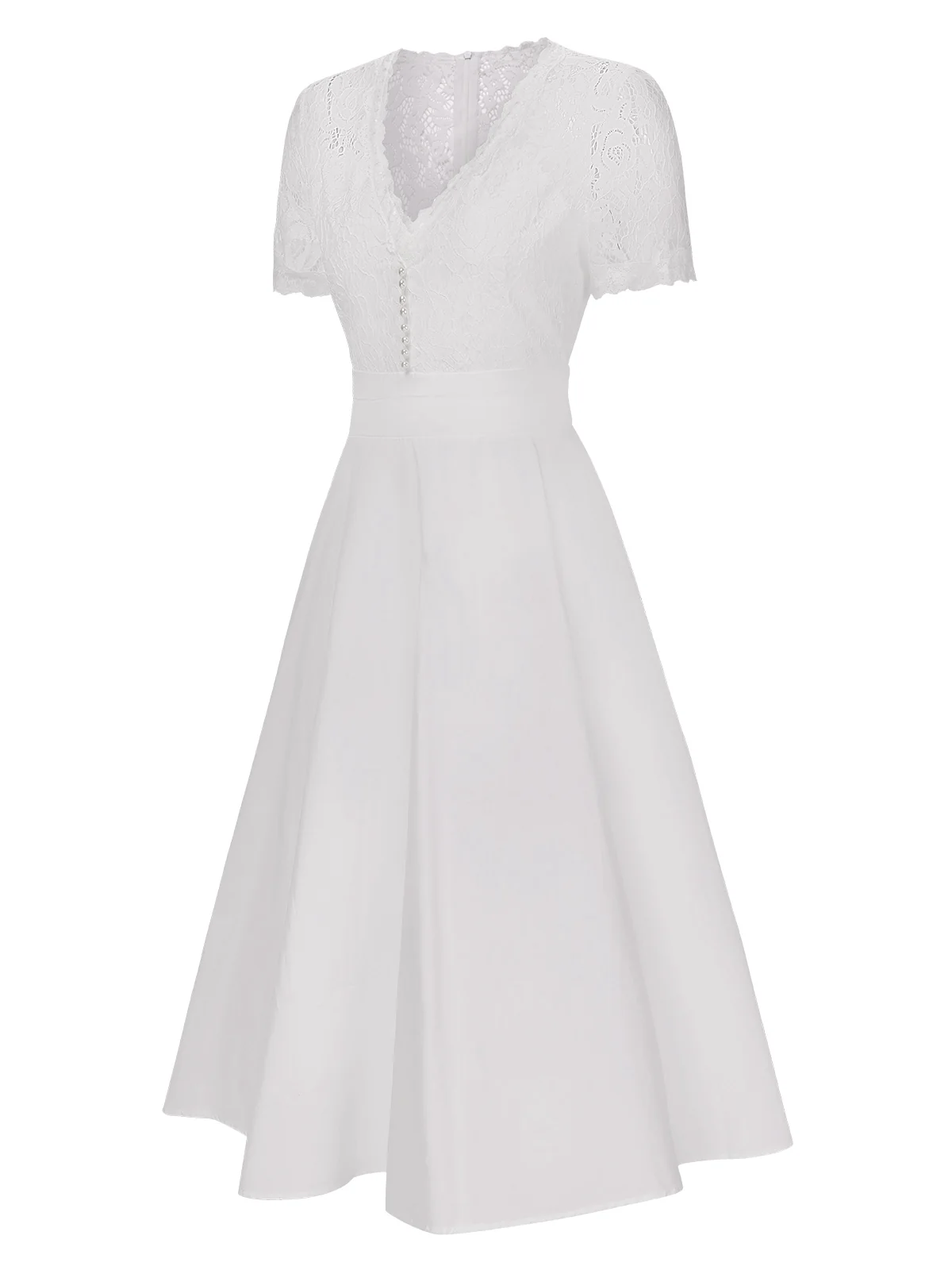 White 1940s V-Neck Lace Patchwork Dress - Image 3