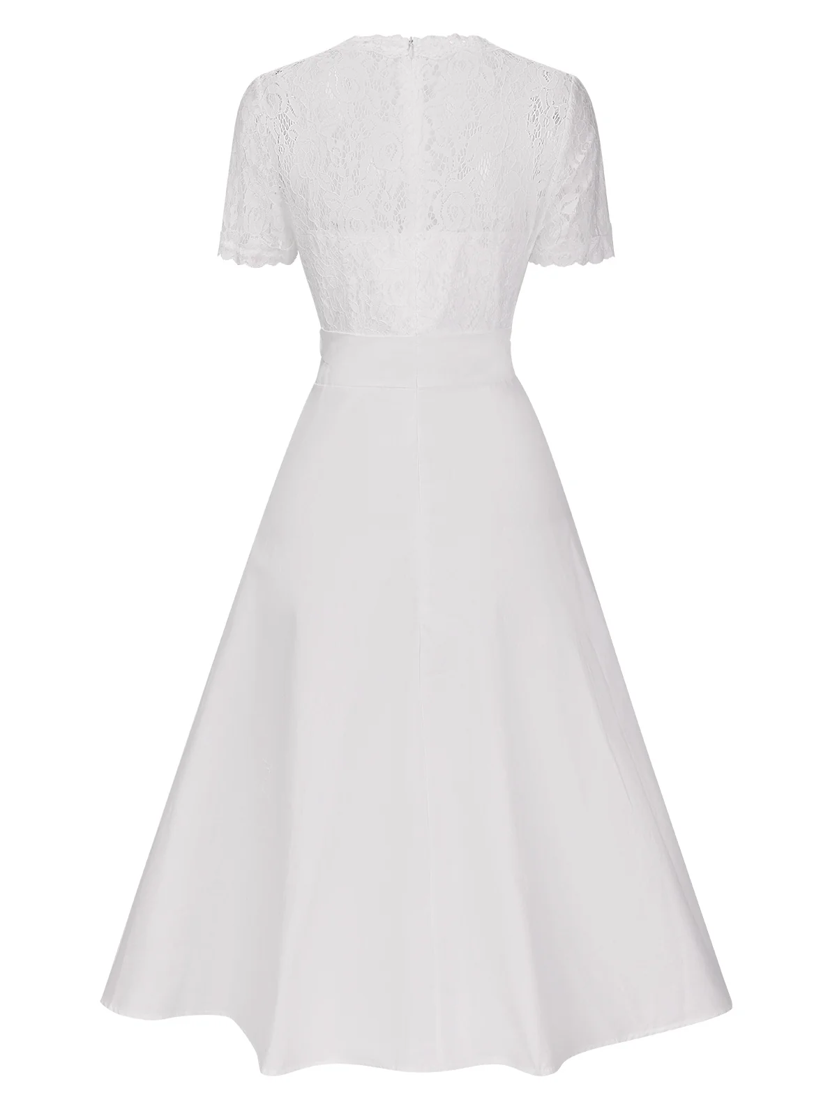 White 1940s V-Neck Lace Patchwork Dress - Image 4