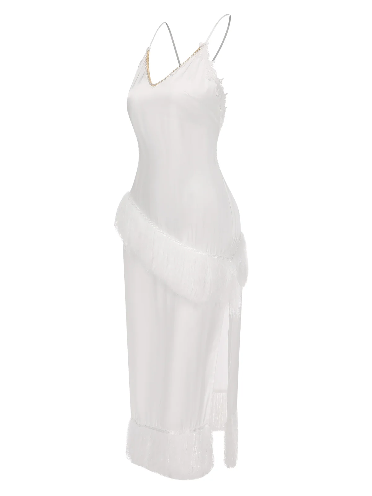 White 1940s Back Straps Tassels Satin Nightdress - Image 3