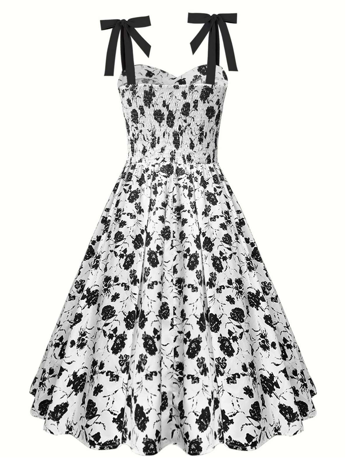 White 1950s Black Flowers Tie-Up Dress - Image 2
