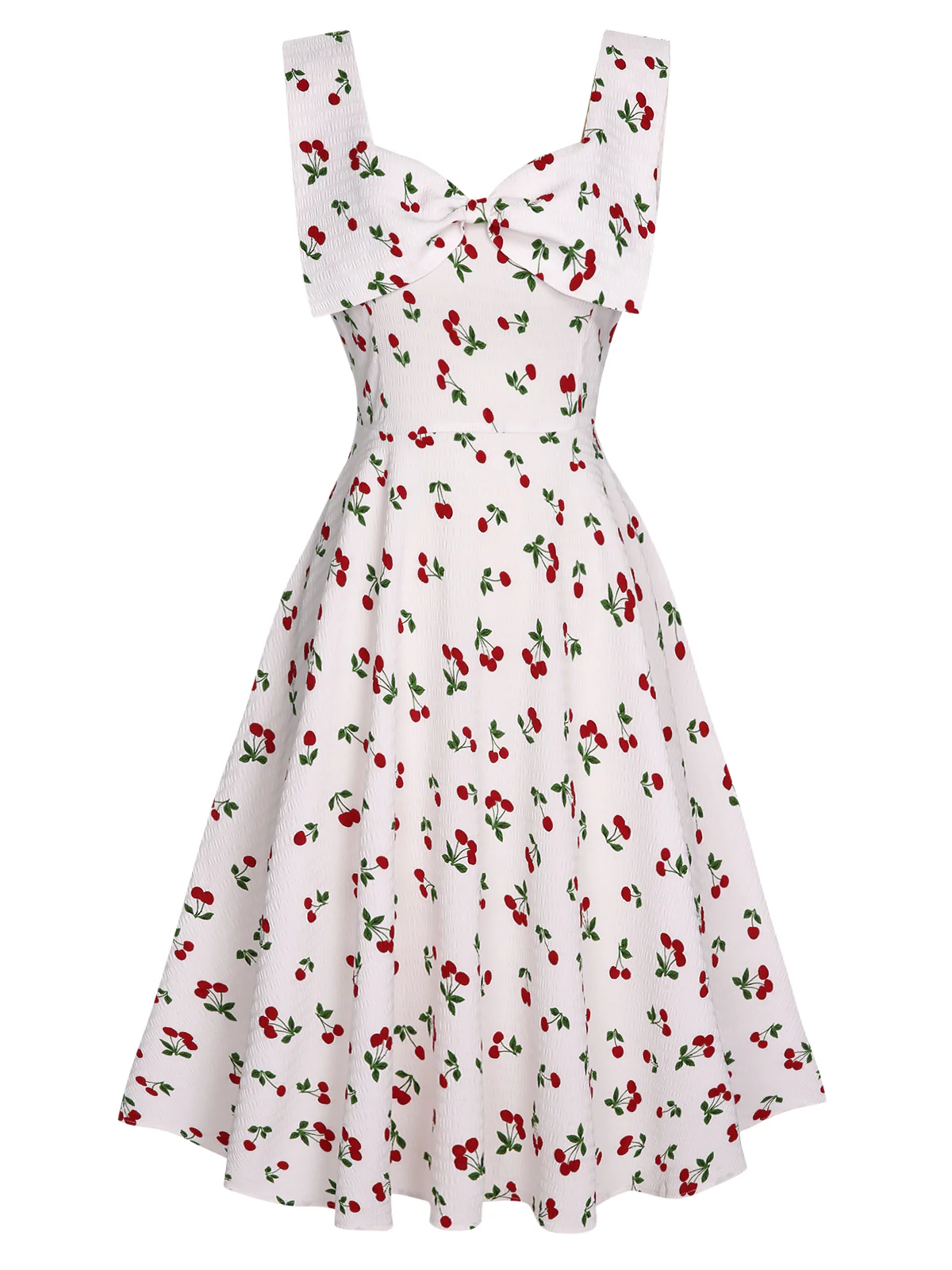 White 1950s Cherry Bow Sweetheart Neck Dress - Image 2