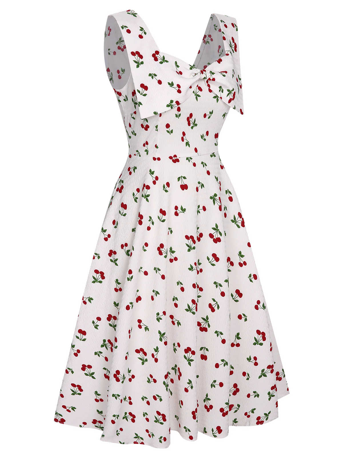 White 1950s Cherry Bow Sweetheart Neck Dress - Image 3