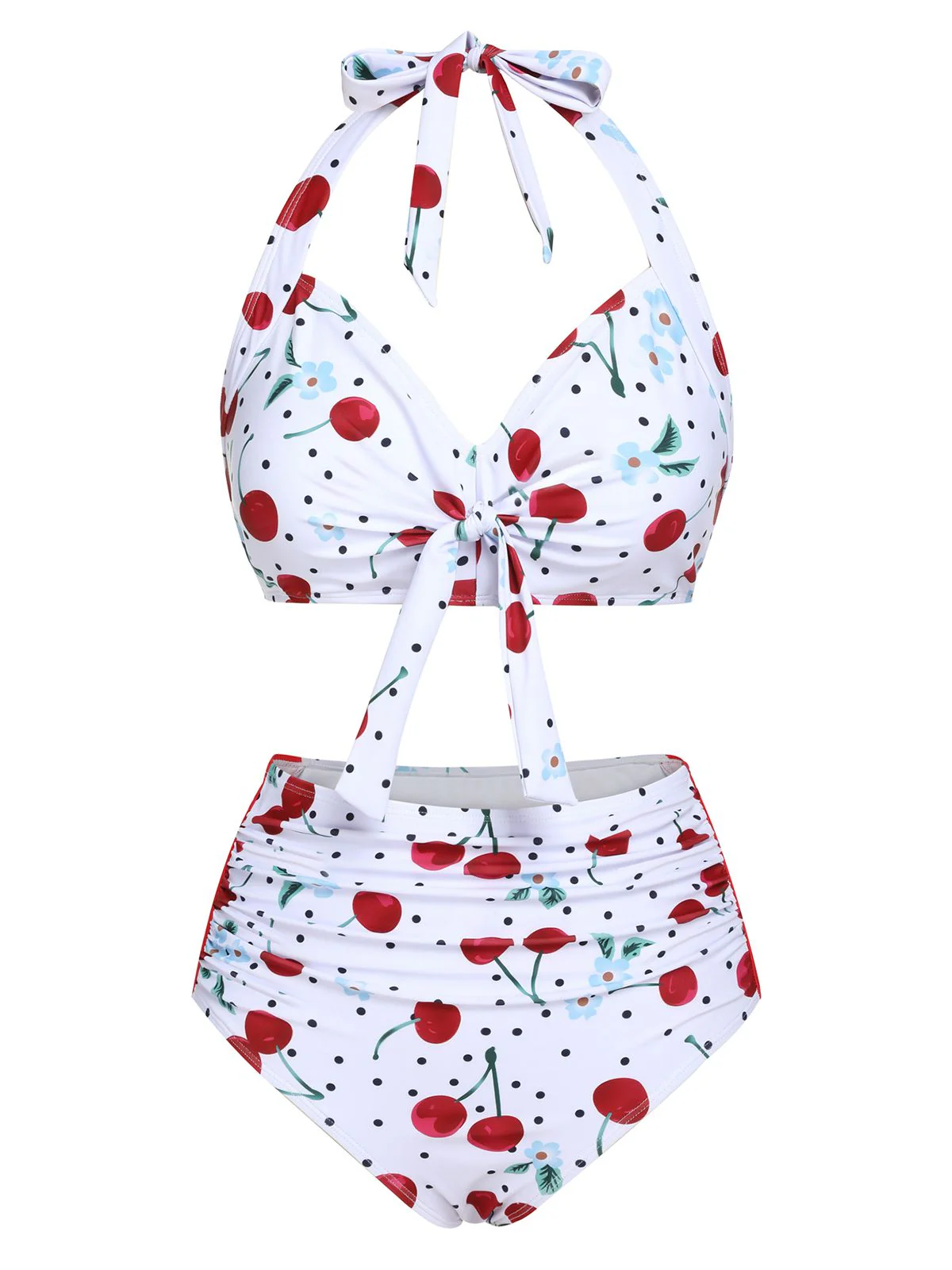 White 1950s Cherry Lace-Up Halter Swimsuit - Image 2