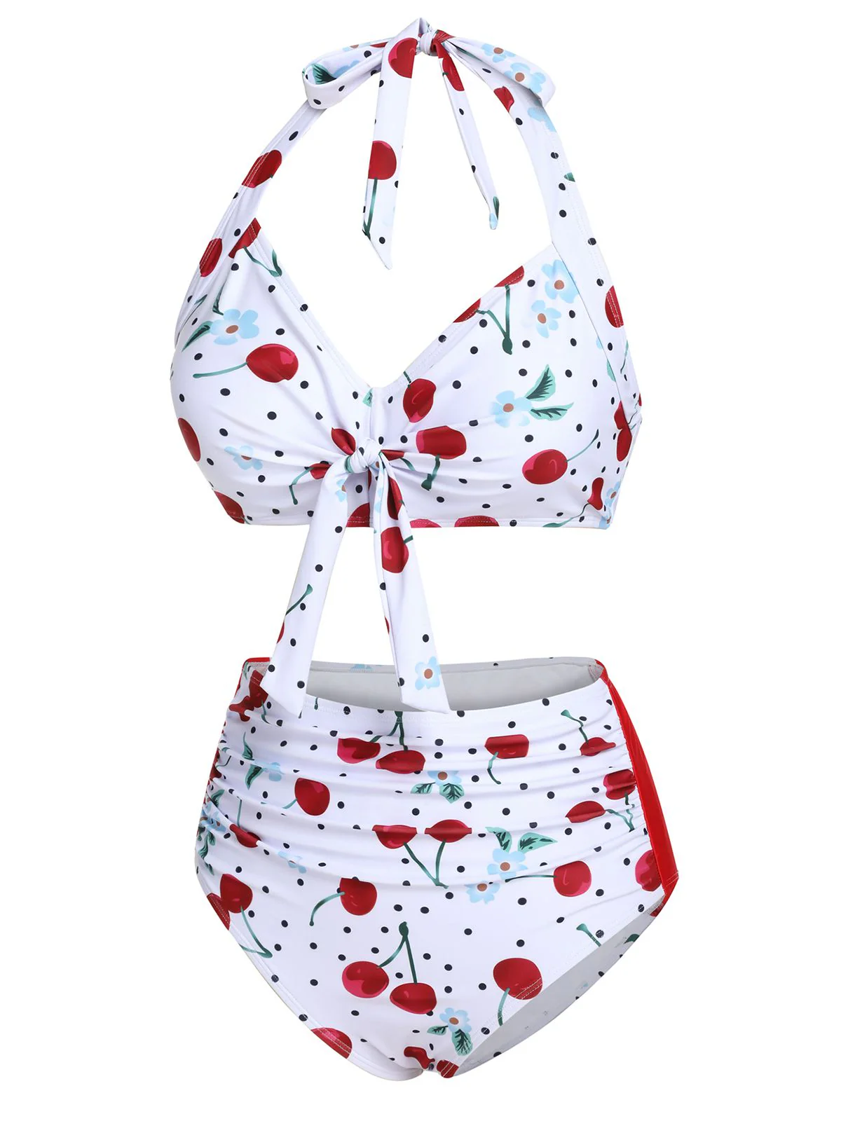 White 1950s Cherry Lace-Up Halter Swimsuit - Image 3