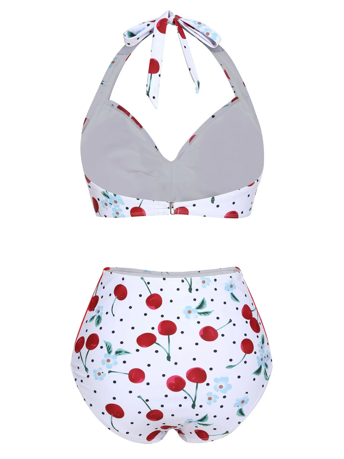 White 1950s Cherry Lace-Up Halter Swimsuit - Image 4