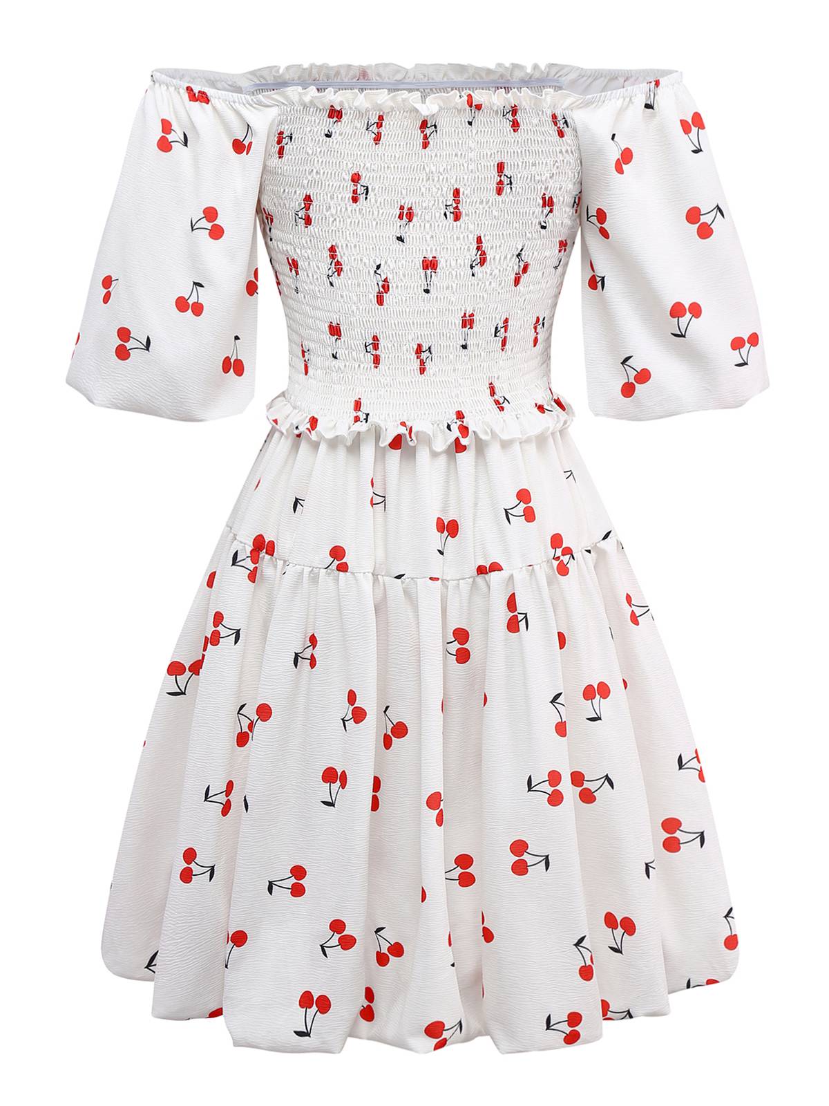 White 1950s Cherry Puff Sleeve Smocked Dress - Image 2