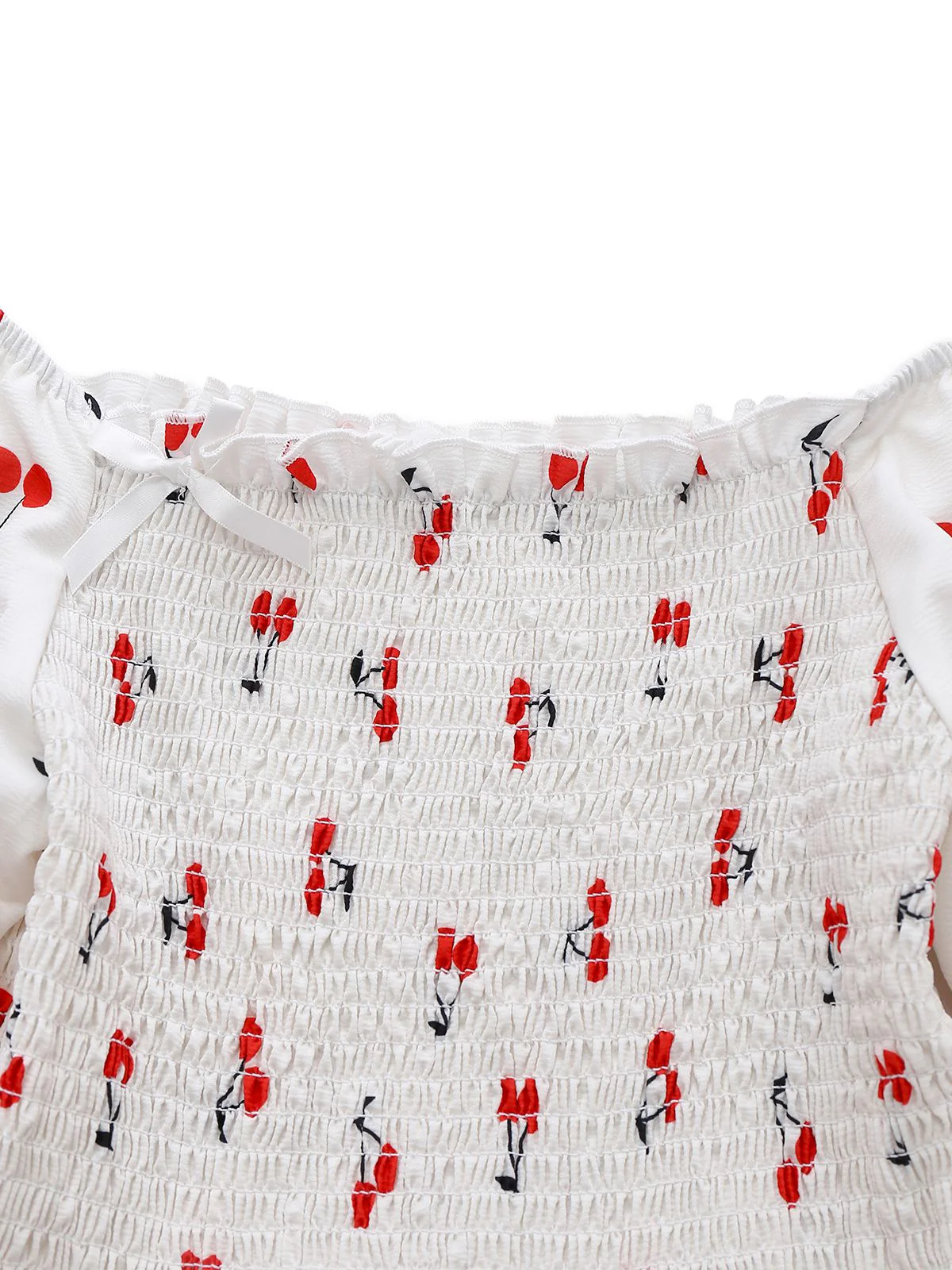 White 1950s Cherry Puff Sleeve Smocked Dress - Image 3
