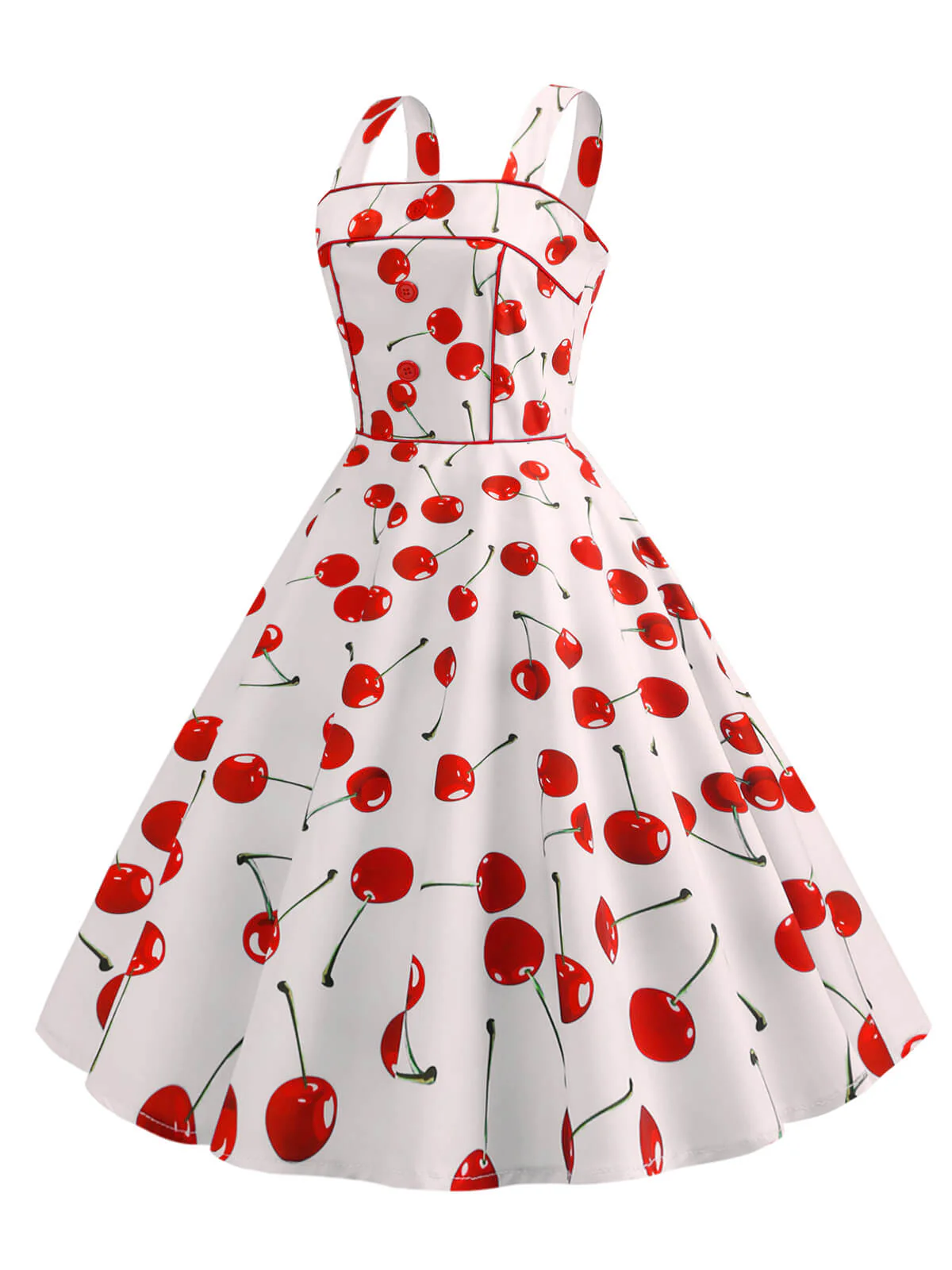 White 1950s Cherry Wide Straps Dress - Image 2