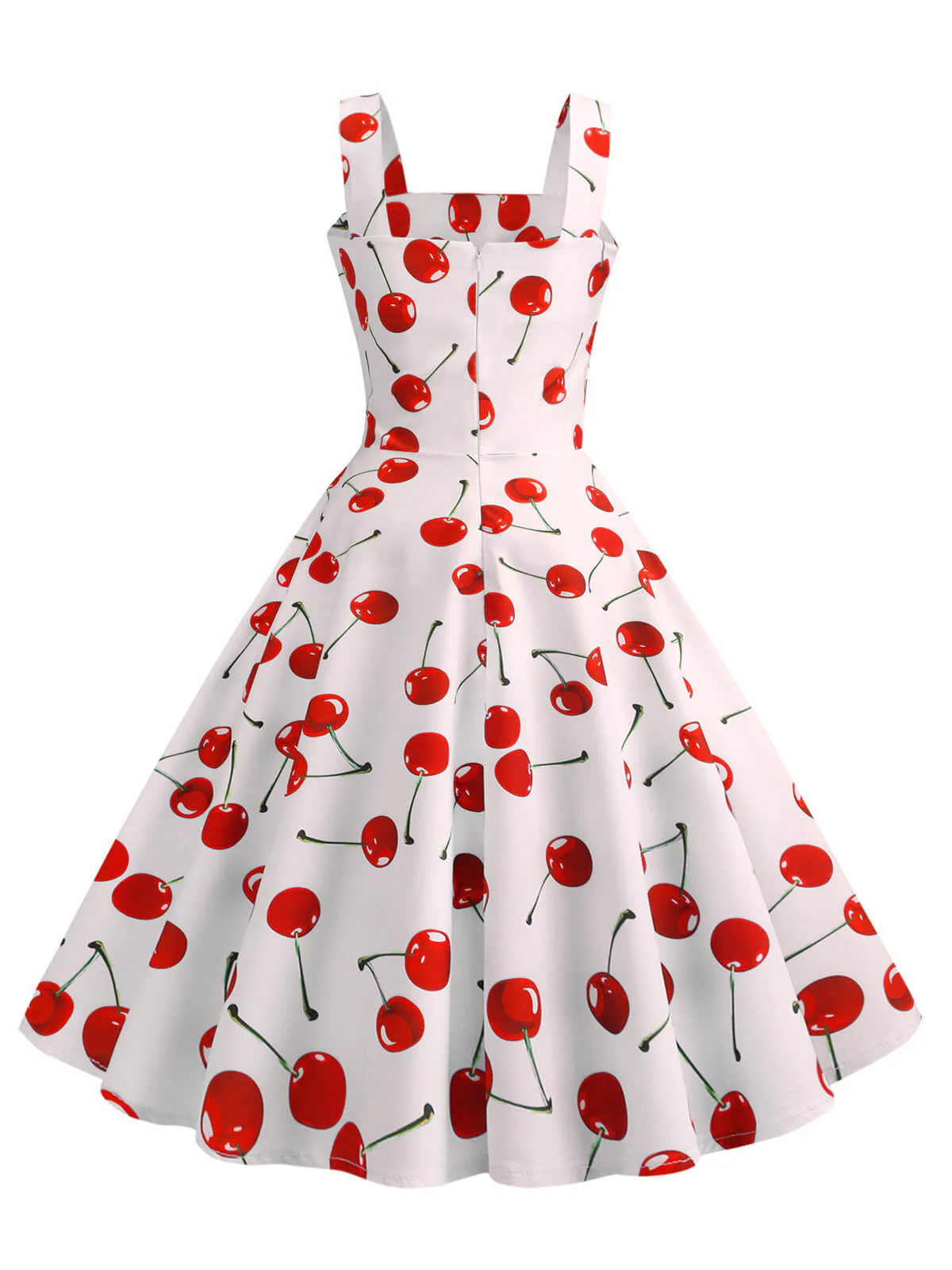 White 1950s Cherry Wide Straps Dress - Image 3