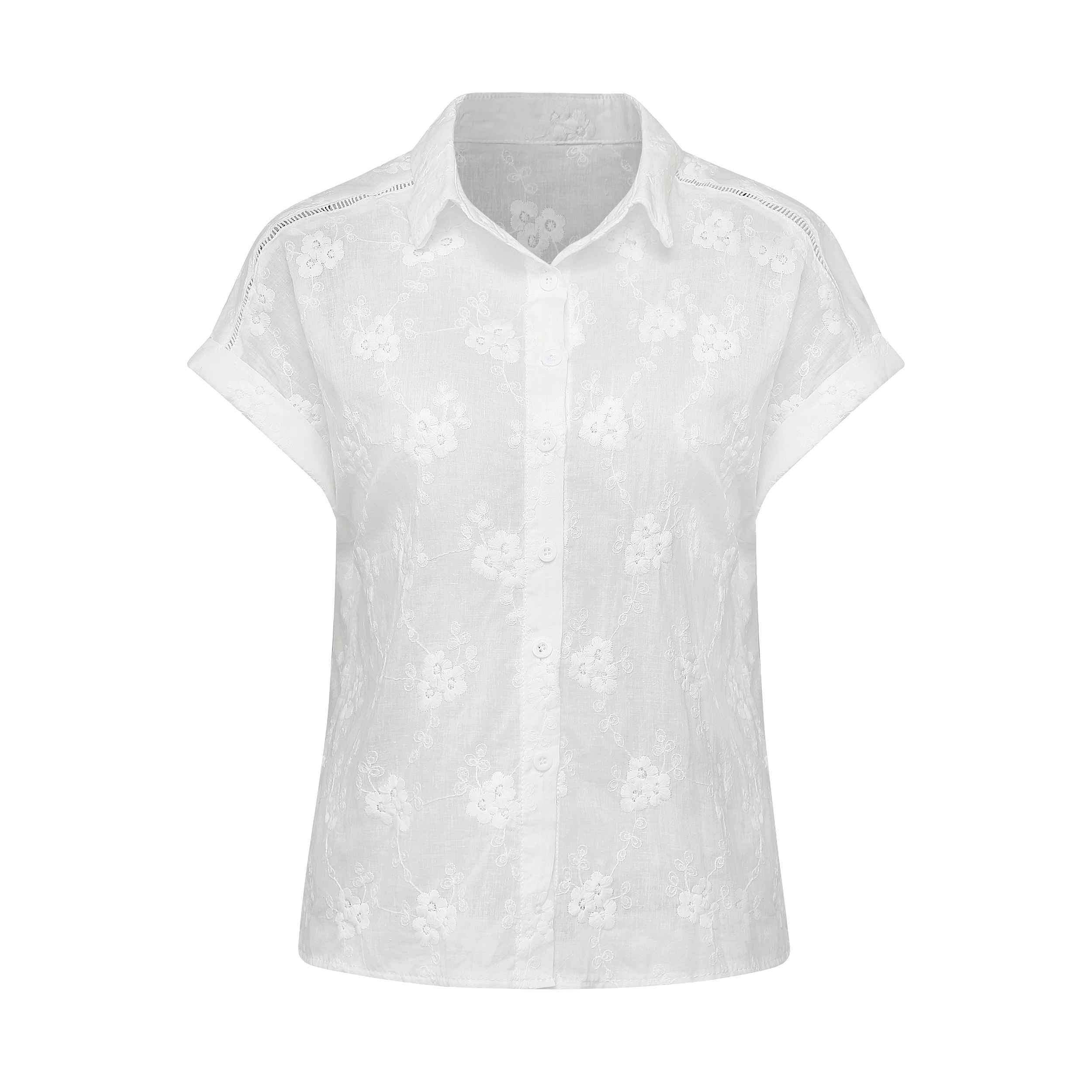 White 1950s Cotton Embroidery Flower Lapel Blouse - Image 2