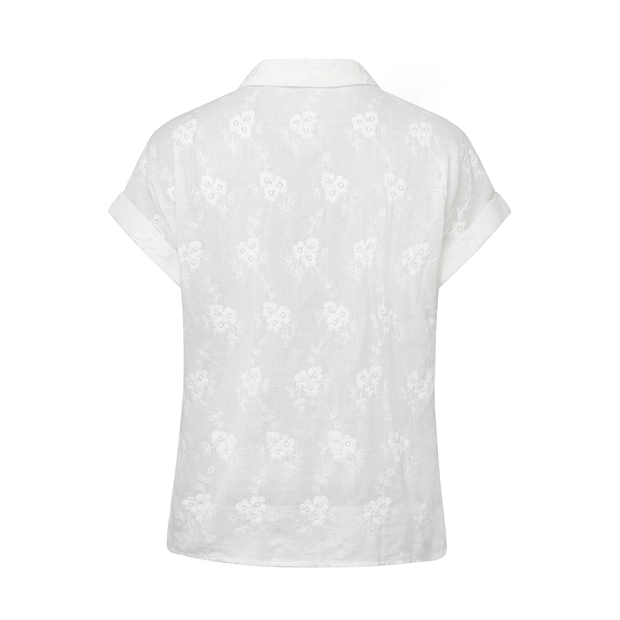 White 1950s Cotton Embroidery Flower Lapel Blouse - Image 3