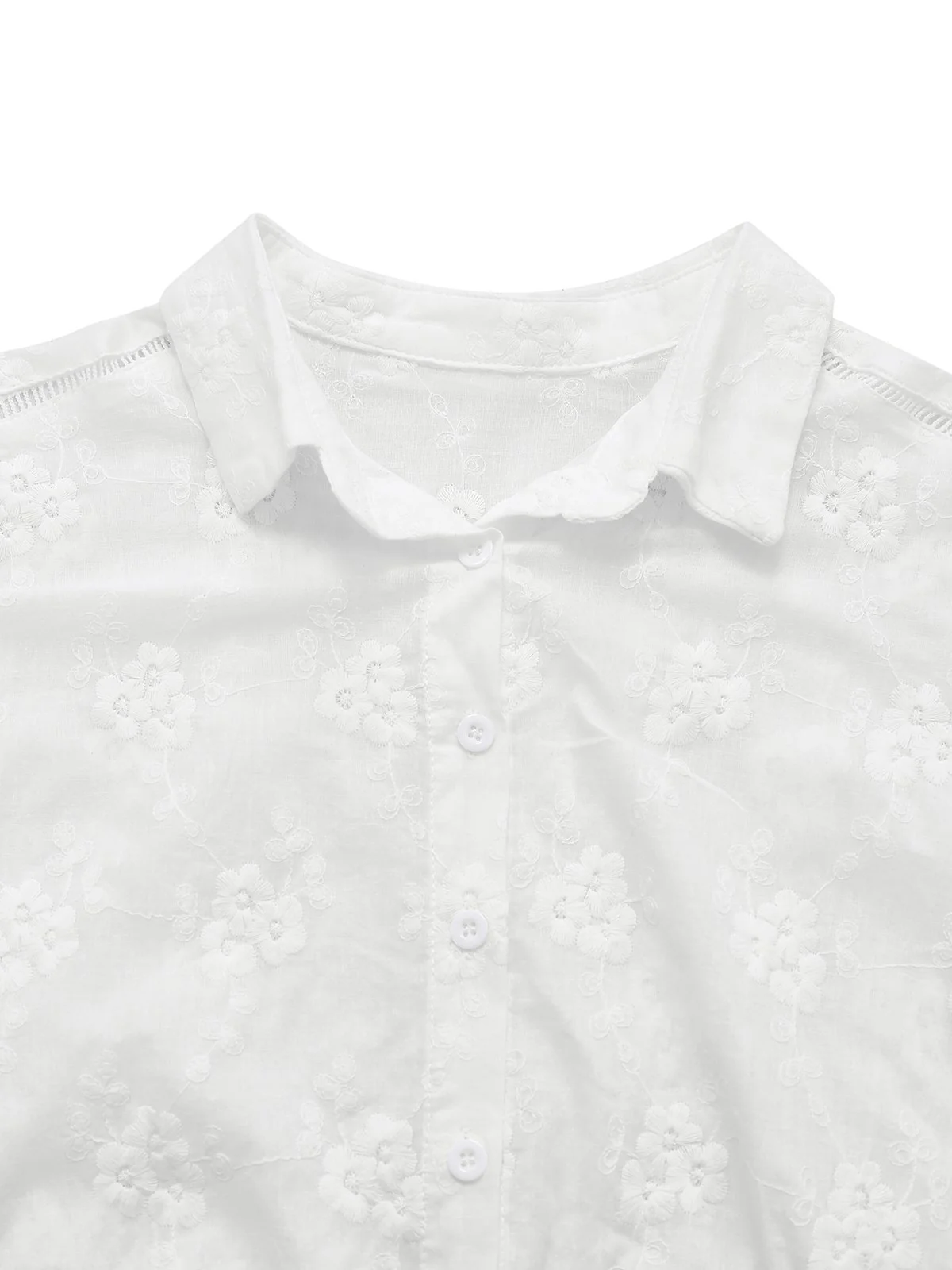 White 1950s Cotton Embroidery Flower Lapel Blouse - Image 4