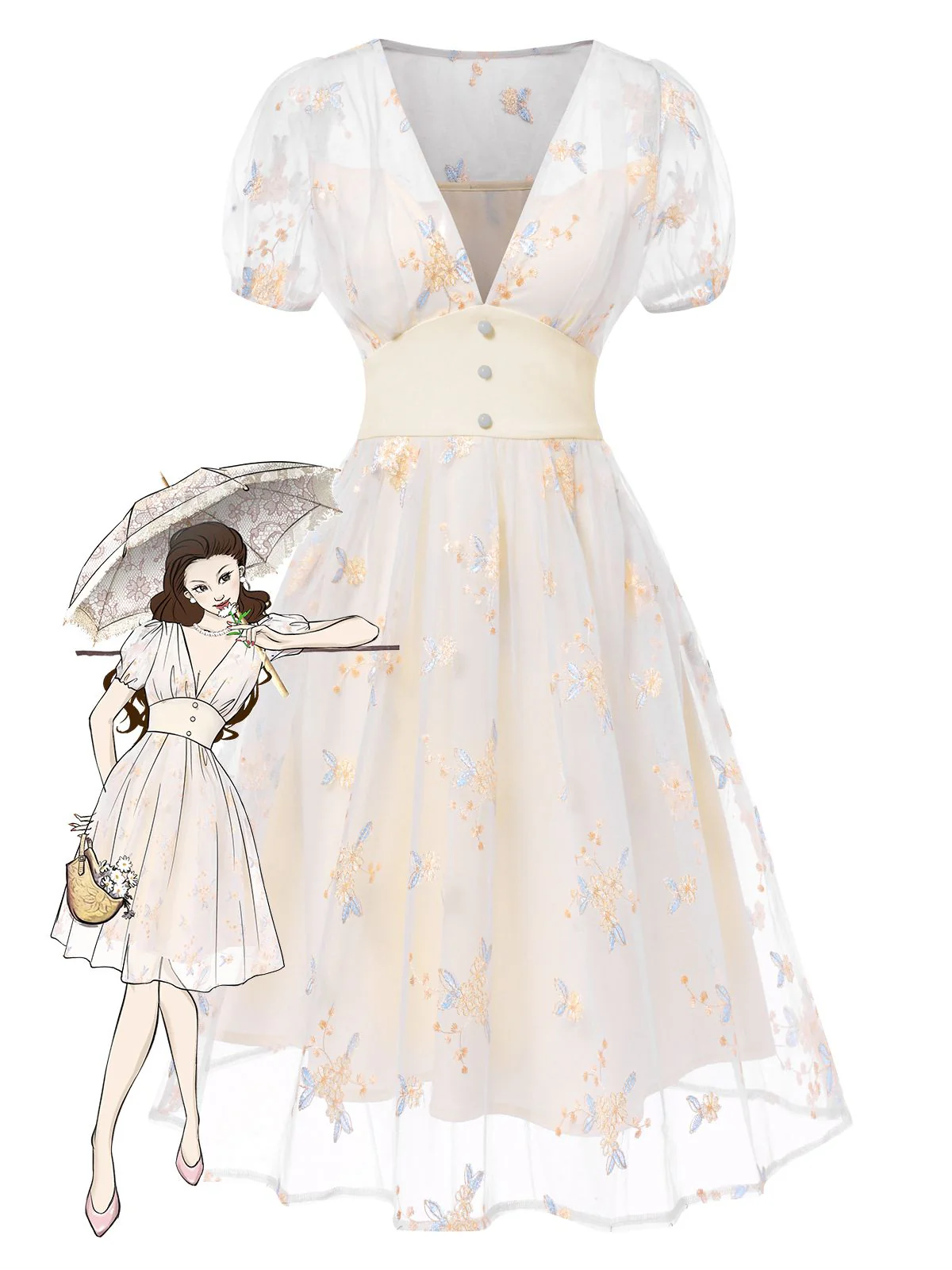 White 1950s Deep V-Neck Embroidered Floral Dress - Image 4