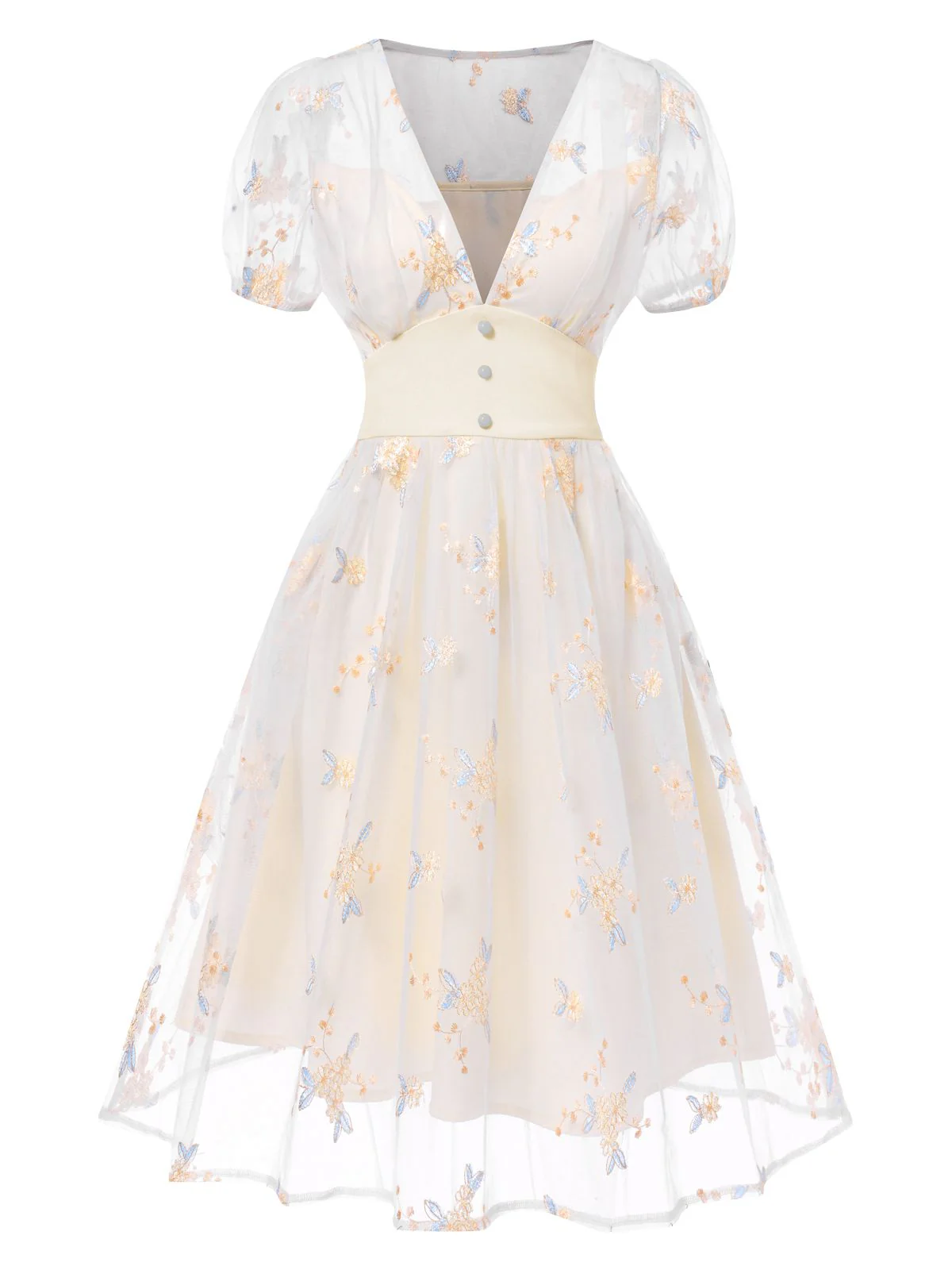 White 1950s Deep V-Neck Embroidered Floral Dress - Image 5