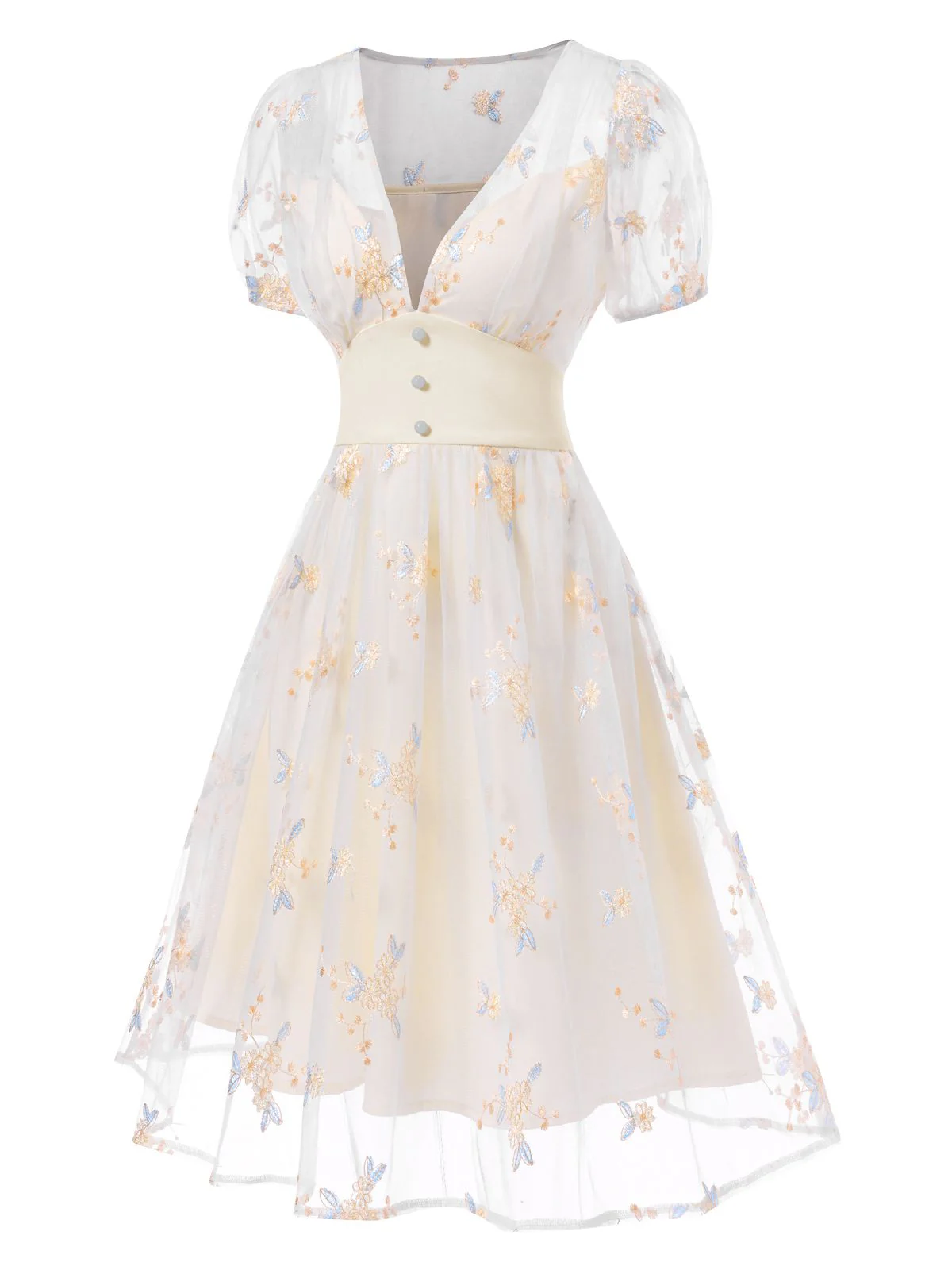 White 1950s Deep V-Neck Embroidered Floral Dress - Image 6