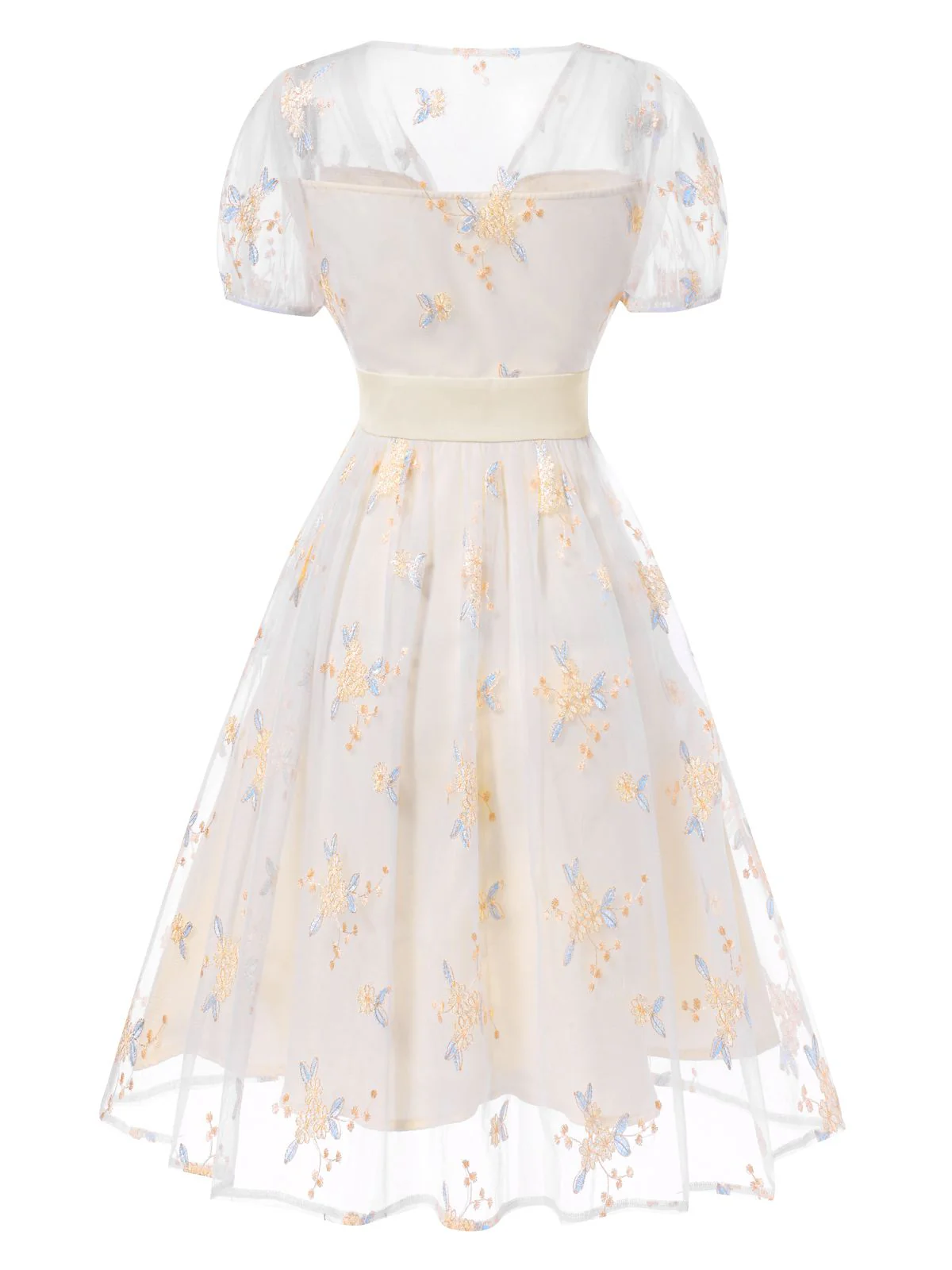 White 1950s Deep V-Neck Embroidered Floral Dress - Image 7