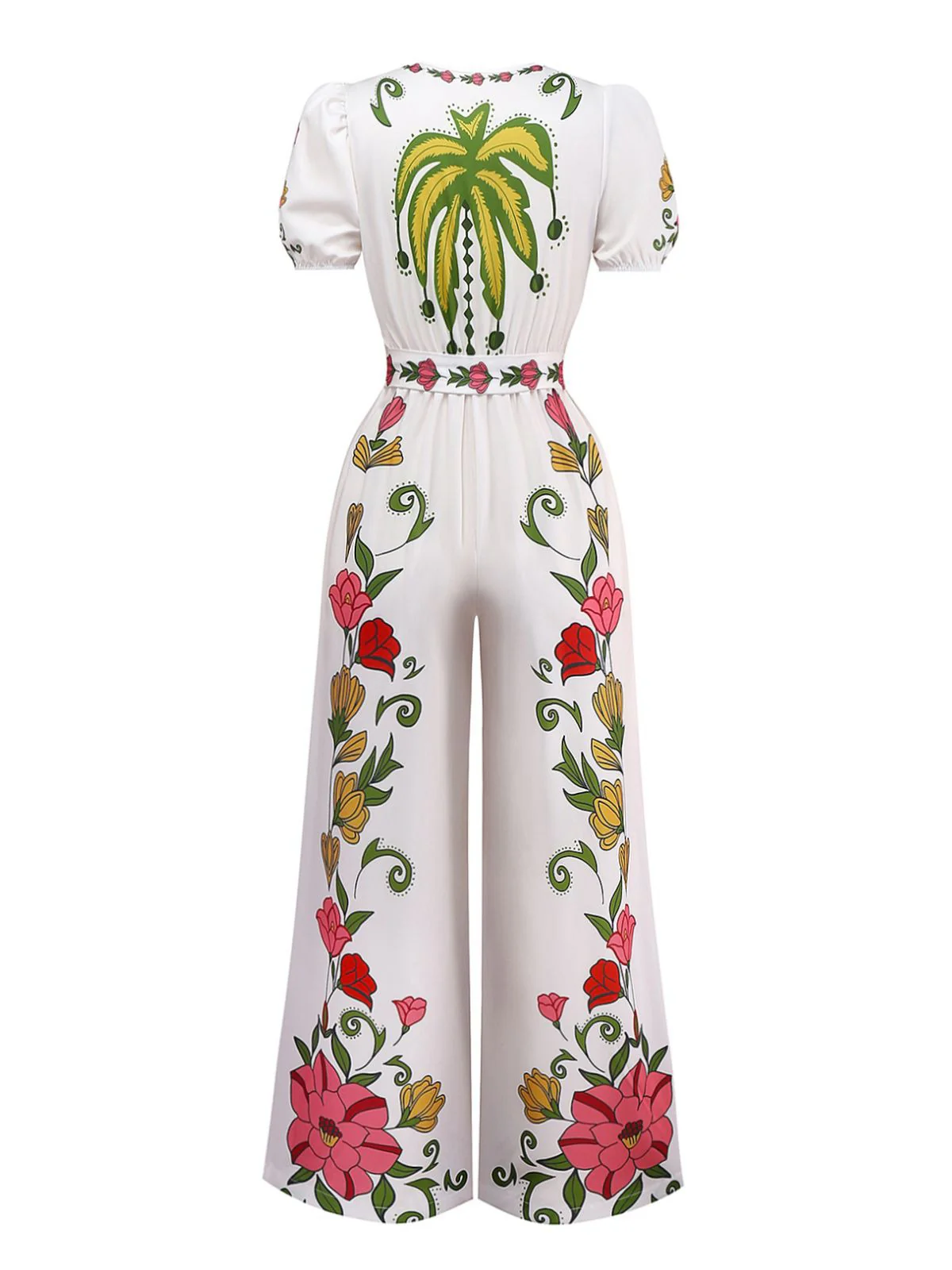 White 1950s Deep V-Neck Floral Belted Jumpsuit - Image 2