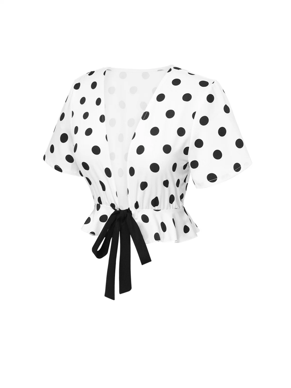 White 1950s Deep V-Neck Polka Dots Top - Image 3