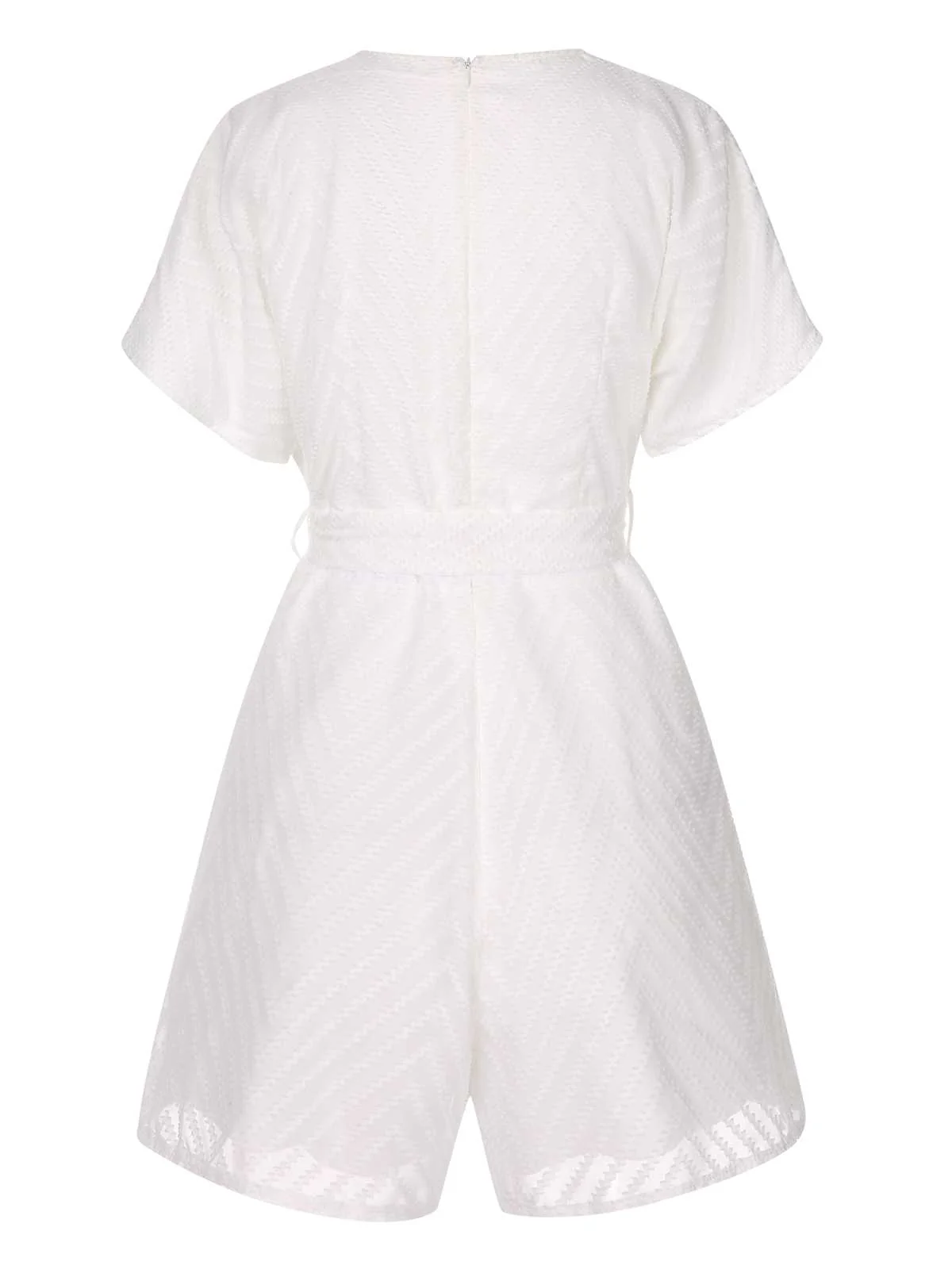 White 1950s Deep V-Neck Textured Belted Romper - Image 2