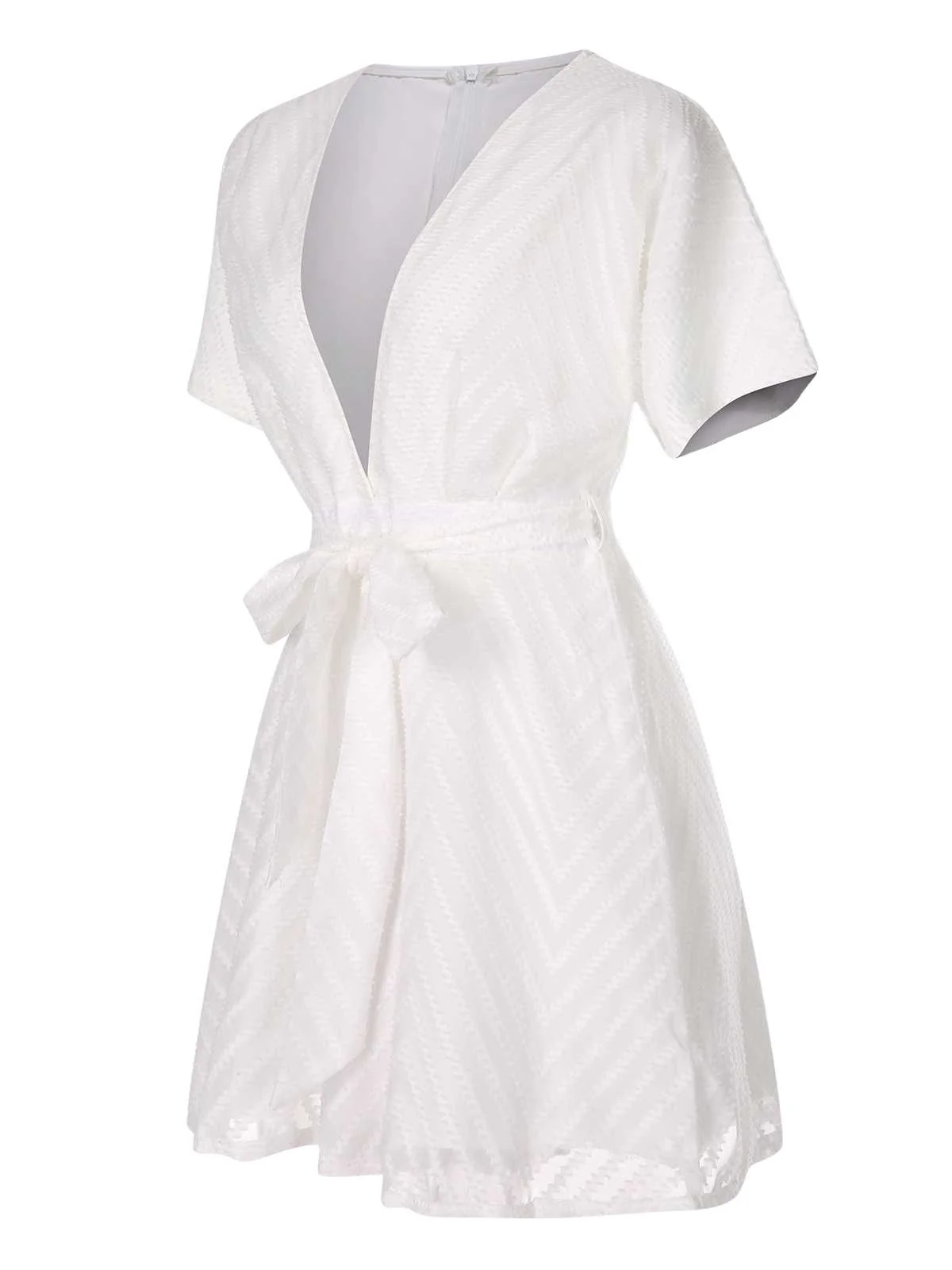 White 1950s Deep V-Neck Textured Belted Romper - Image 3
